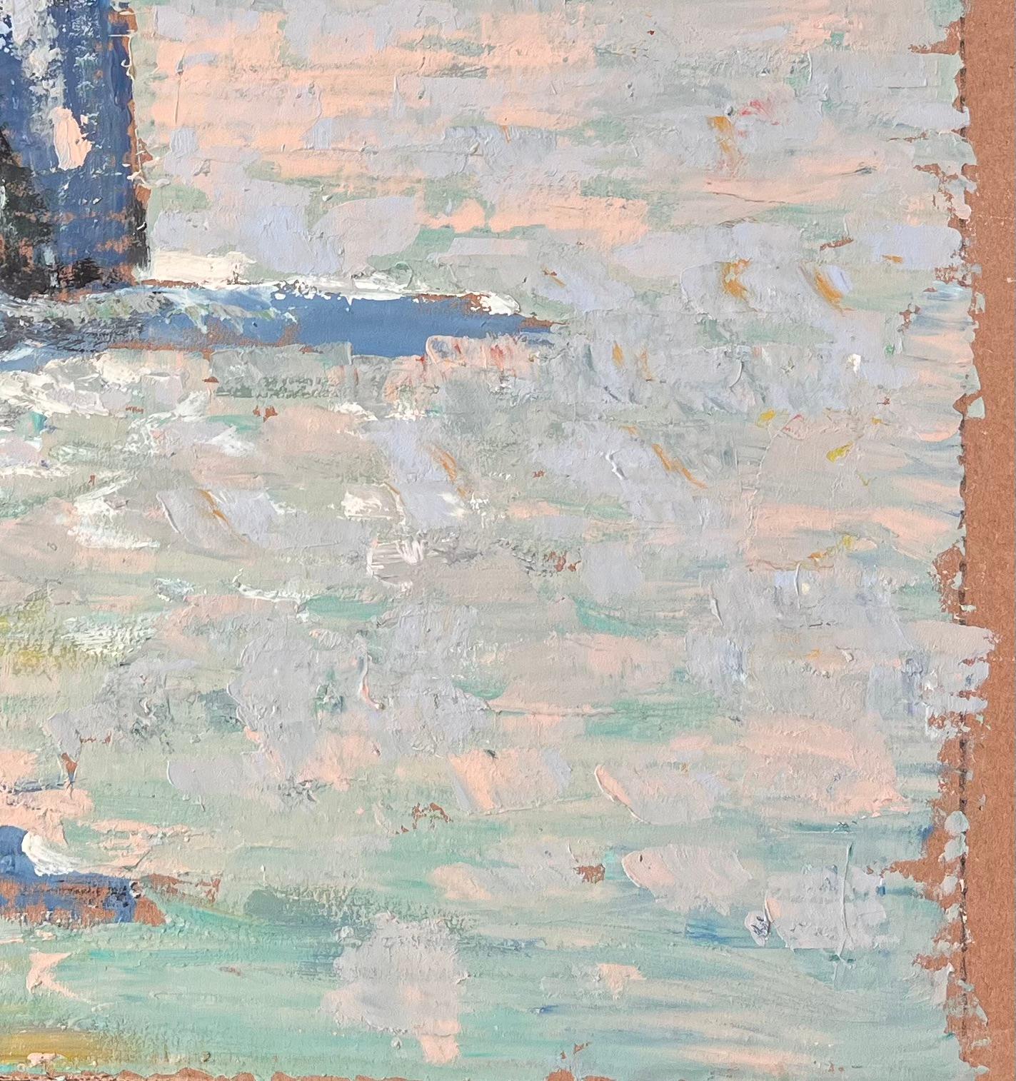 Titel: Französischer Impressionist Meereslandschaft der Klippen von Étretat Küste der Normandie
Von Fanch Lel
Größe: 20,5 x 19,25 Zoll (Höhe x Breite)
Ölgemälde auf Karton, ungerahmt
Zustand: Insgesamt guter Zustand mit leichten Gebrauchsspuren an