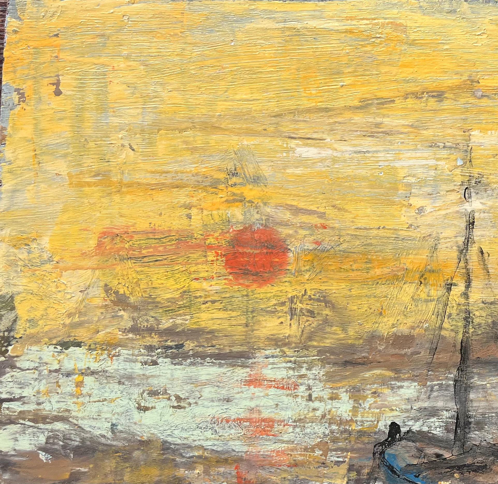 Paysage marin impressionniste français représentant un bateau amarré au coucher du soleil dans un ciel jaune - Impressionnisme Painting par Fanch Lel