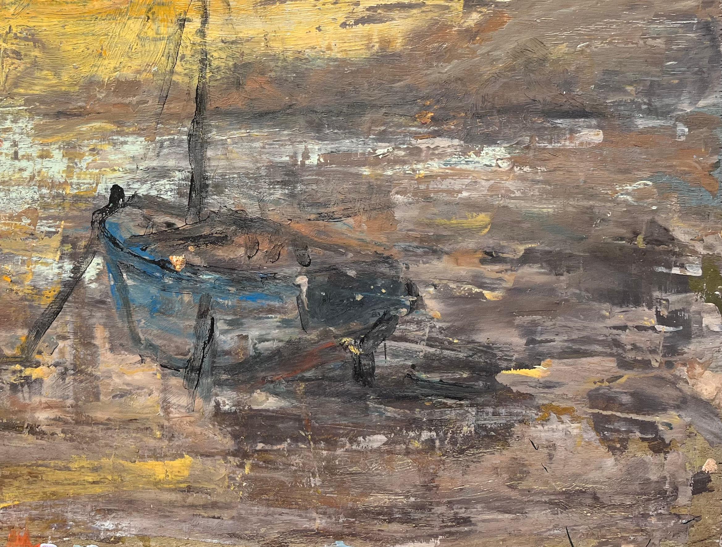 Titre : Paysage marin impressionniste français d'un bateau amarré au coucher du soleil avec un ciel jaune
Par Fanch Lel
Taille : 13 x 16.25 pouces (hauteur x largeur)
Peinture à l'huile sur carton, non encadrée
Condit : Le tableau est en bon état