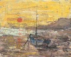 French Impressionist Seascape of Moored Boat at Sunset with Yellow Sky