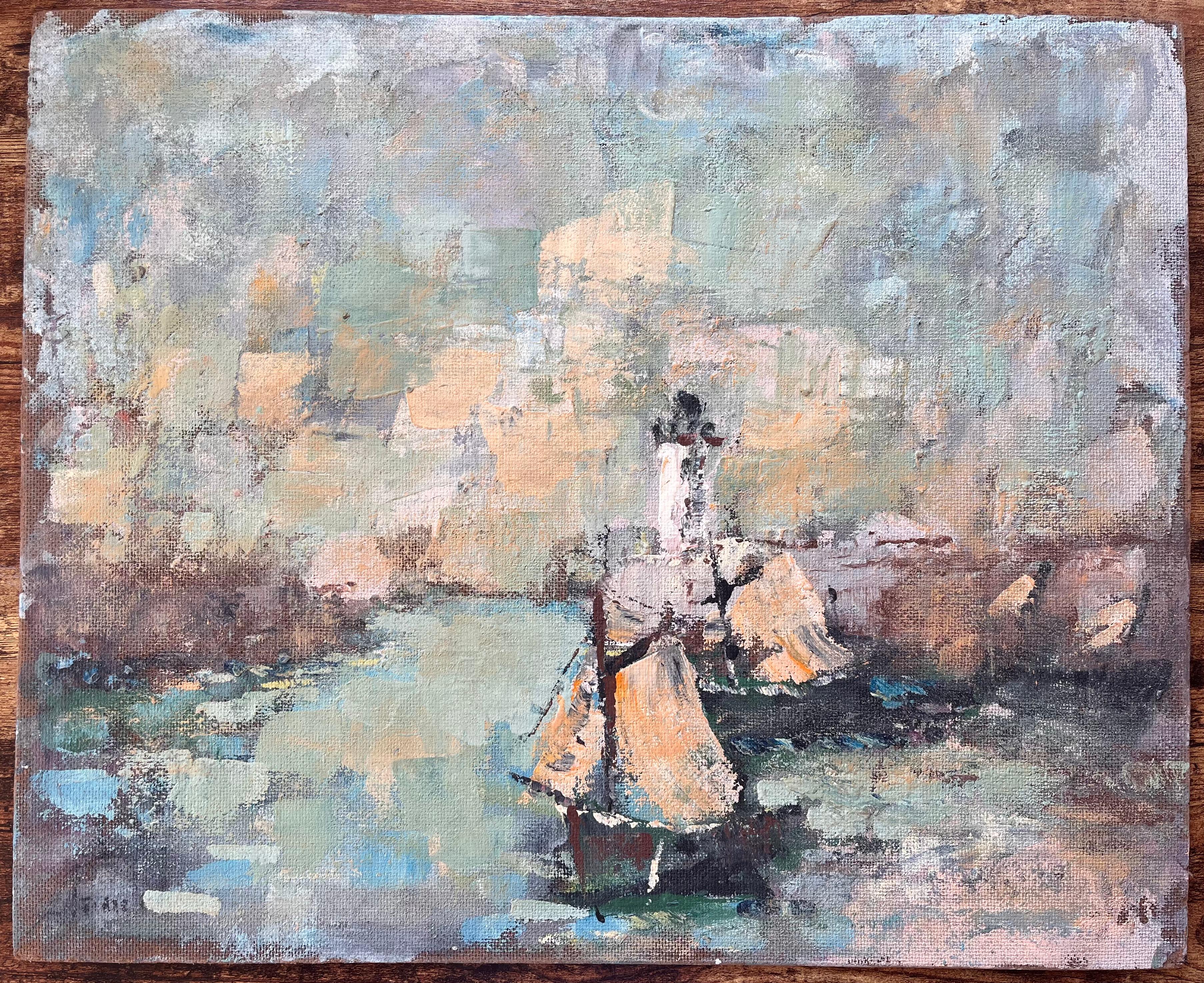 Französische impressionistische Meereslandschaft von Segelbooten und Leuchtturm in weichen Pastelltönen – Painting von Fanch Lel