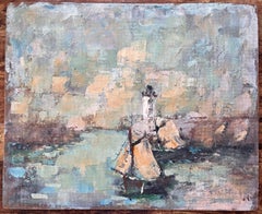 French Impressionist Seascape of Sailboats and Lighthouse in Soft Pastels