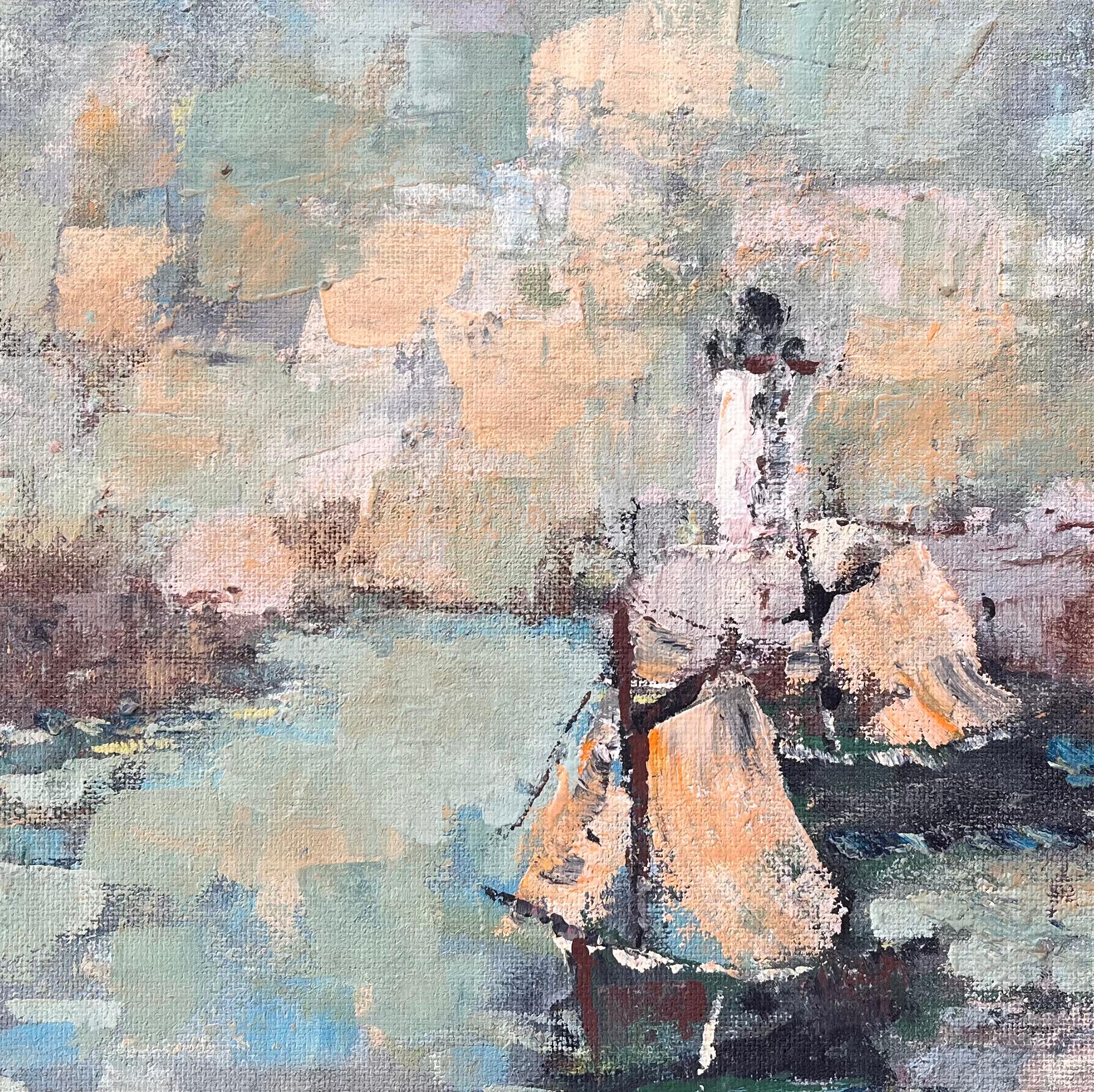 Französische impressionistische Meereslandschaft von Segelbooten und Leuchtturm in weichen Pastelltönen im Angebot 2