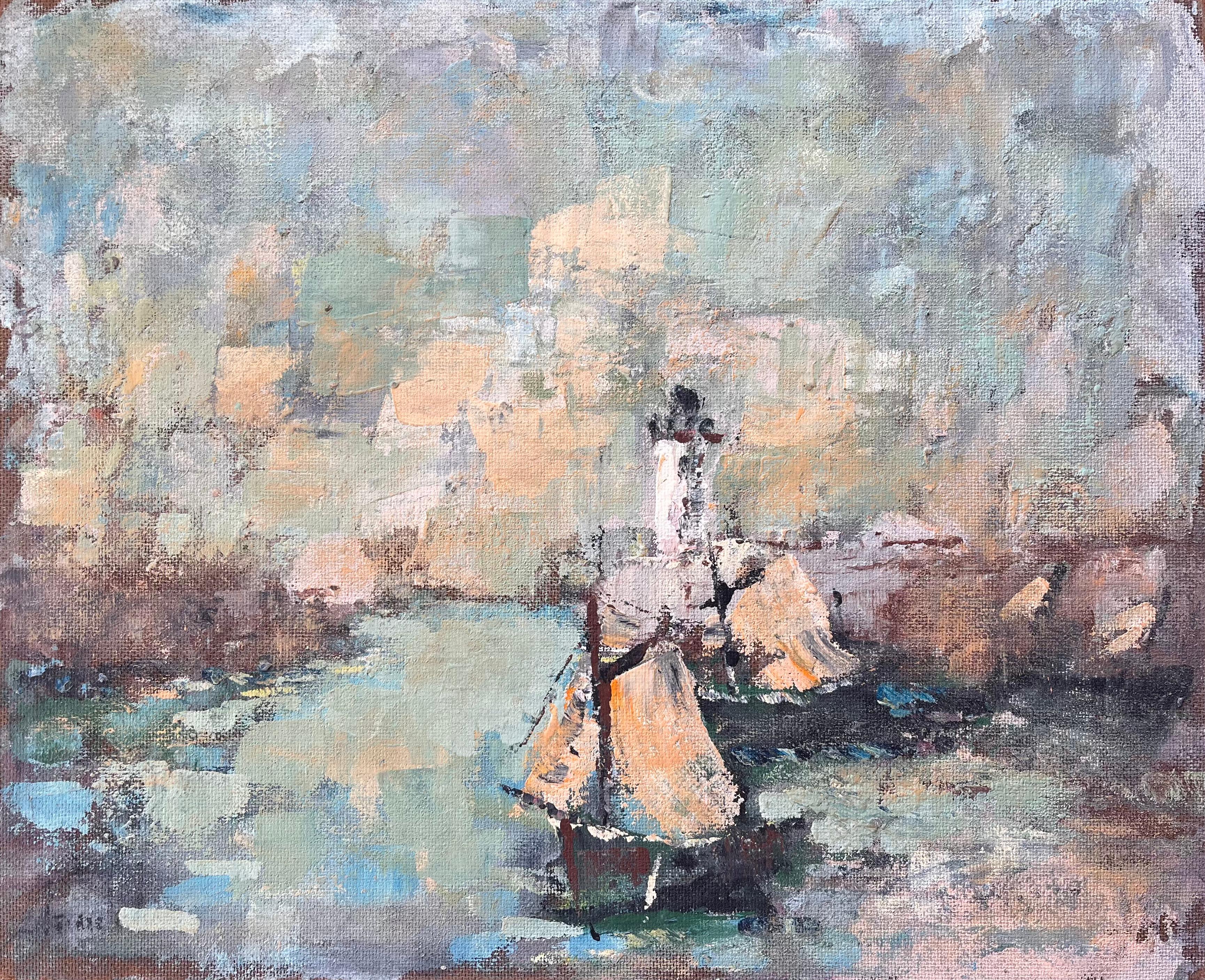 French Impressionist Seascape of Sailboats and Lighthouse in Soft Pastels