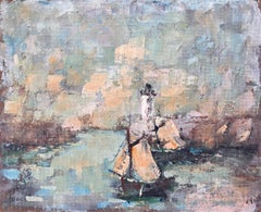 French Impressionist Seascape of Sailboats and Lighthouse in Soft Pastels