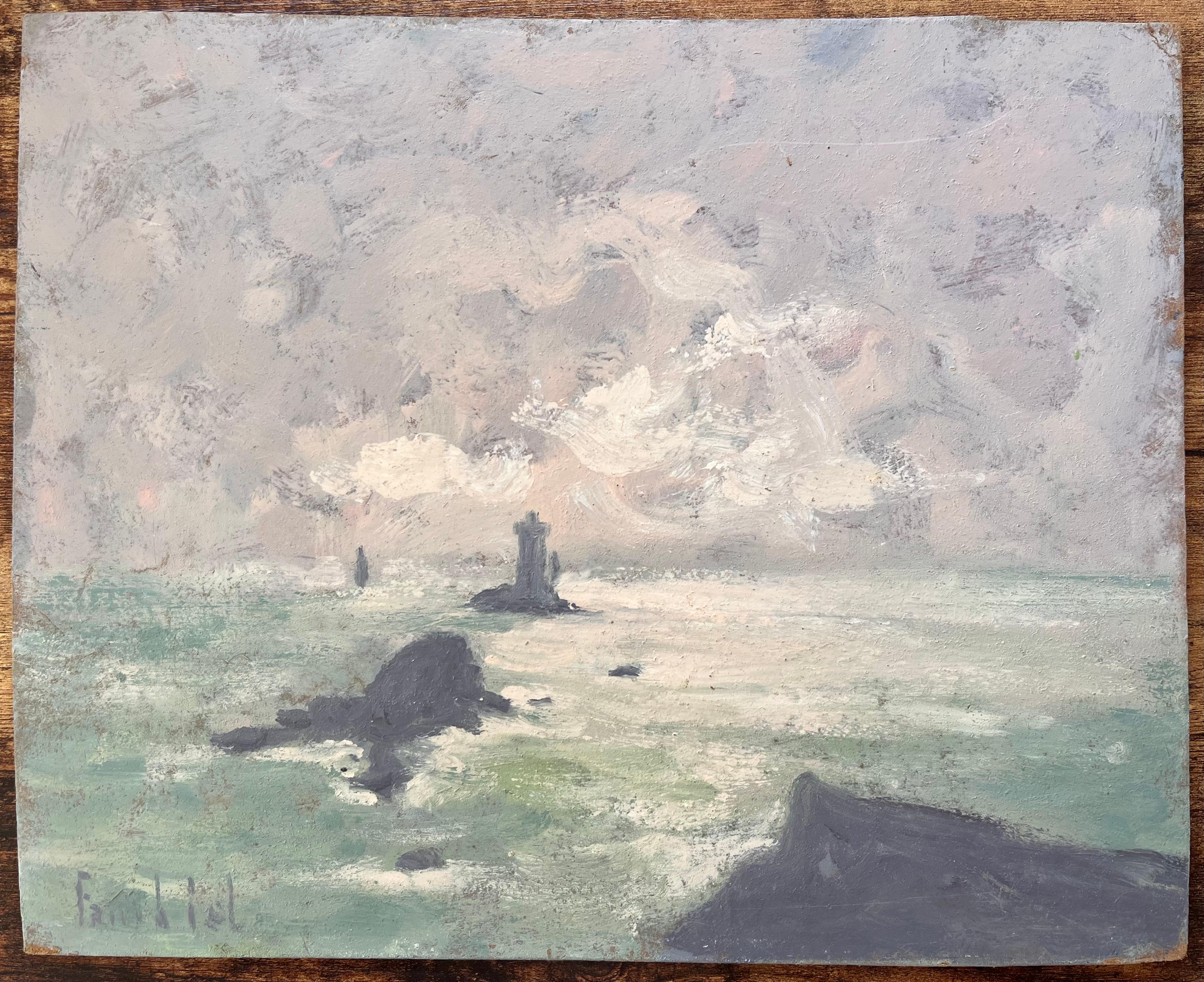 Französischer Impressionist Seestück Öl von La Vieille Leuchtturm vor Pointe du Raz (Impressionismus), Painting, von Fanch Lel