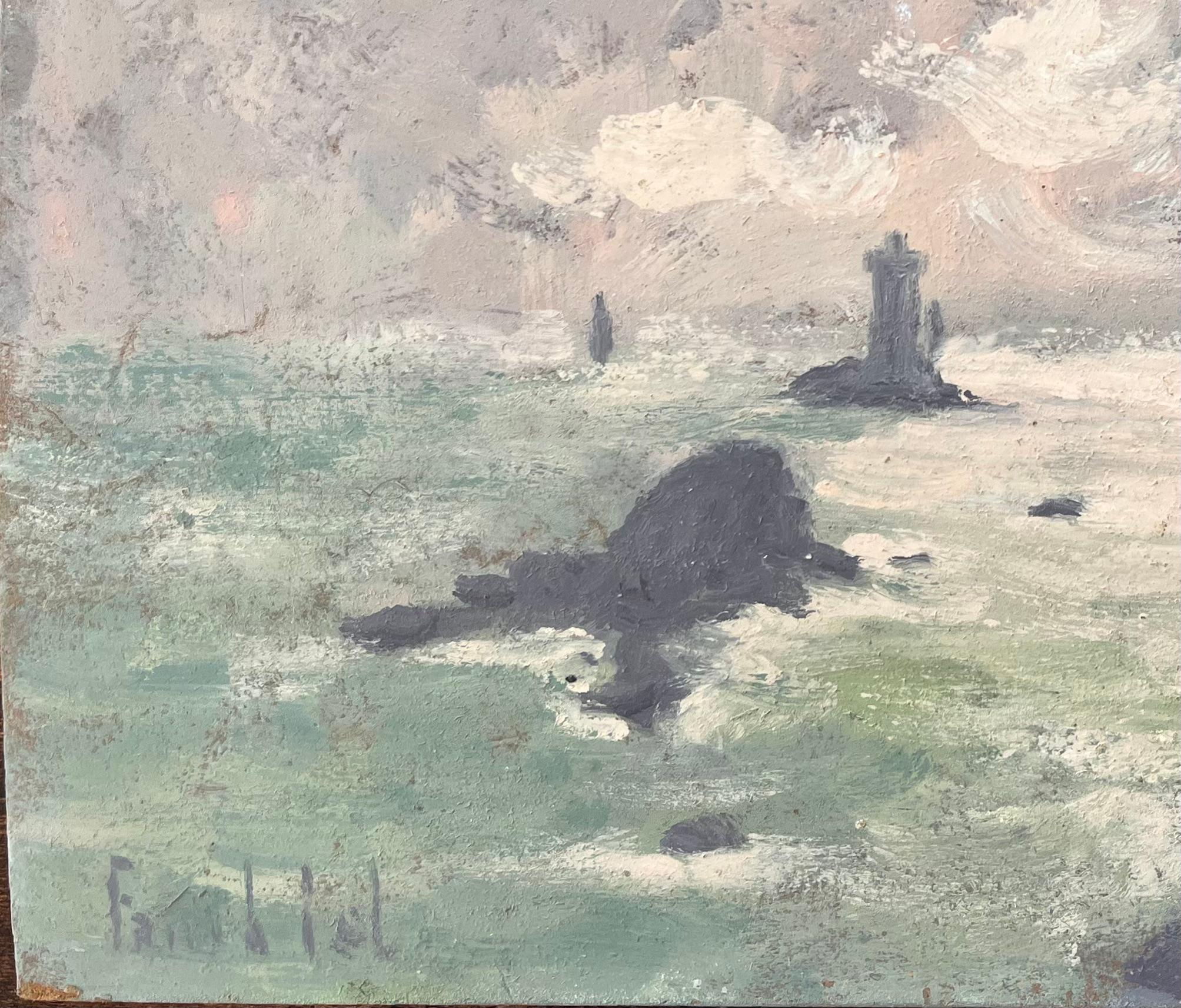 Französischer Impressionist Seestück Öl von La Vieille Leuchtturm vor Pointe du Raz (Grau), Abstract Painting, von Fanch Lel