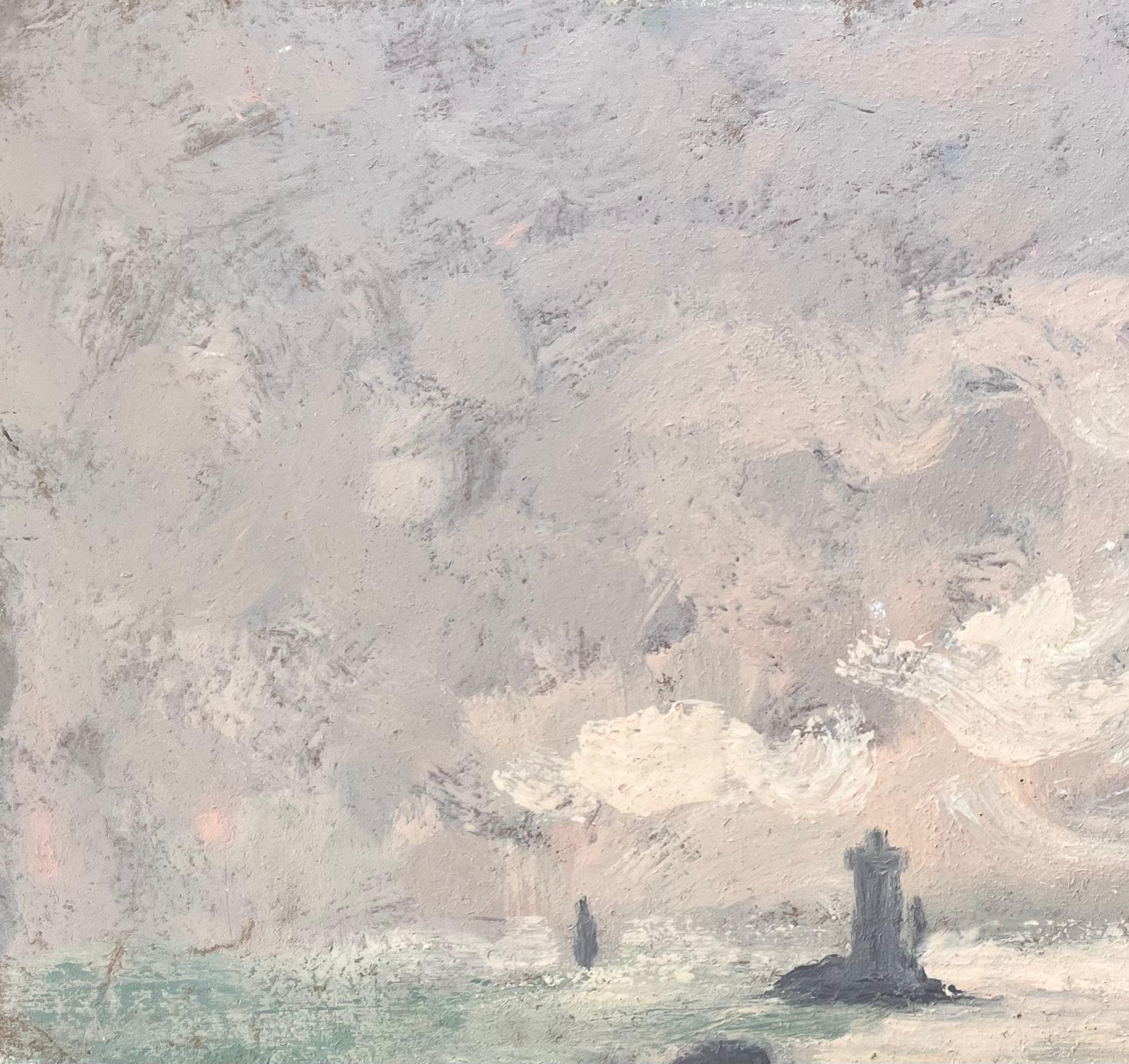 Titel: Französischer Impressionist Seestück Öl von La Vieille Leuchtturm vor Pointe du Raz
Von Fanch Lel
Unterschrieben: Ja
Größe: 13 x 16 Zoll (Höhe x Breite)
Ölgemälde auf Karton, ungerahmt
Zustand: Das Gemälde ist in gutem Zustand mit leichten