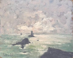 Óleo de paisaje marino impresionista francés del Faro de la Vieille frente a Pointe du Raz