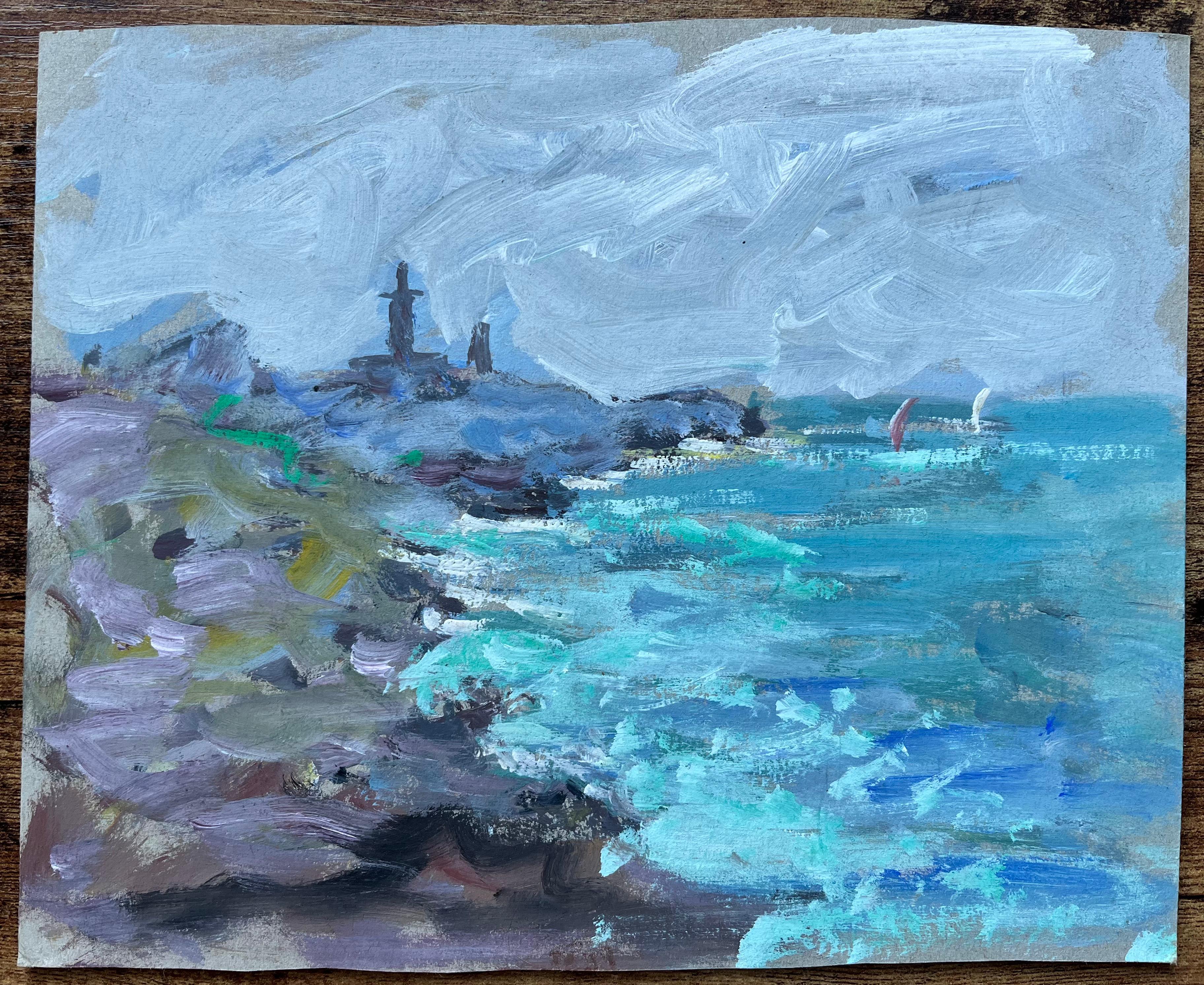 Paesaggio marino impressionista francese con strutture a picco sul mare e barche a vela - Painting di Fanch Lel