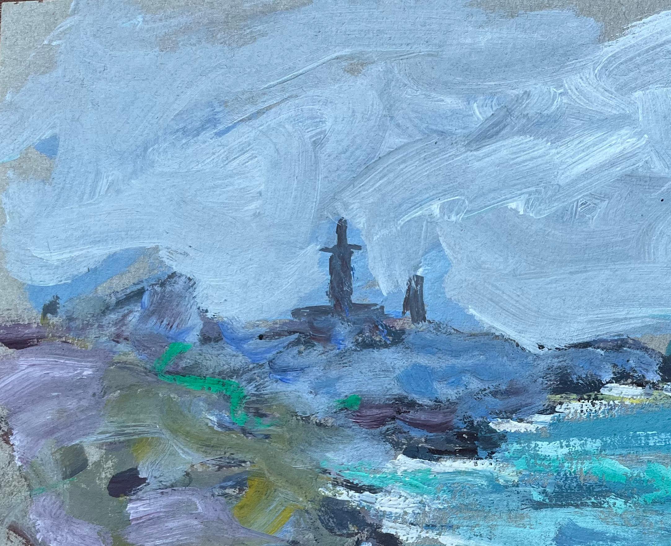Paesaggio marino impressionista francese con strutture a picco sul mare e barche a vela - Painting Impressionismo di Fanch Lel