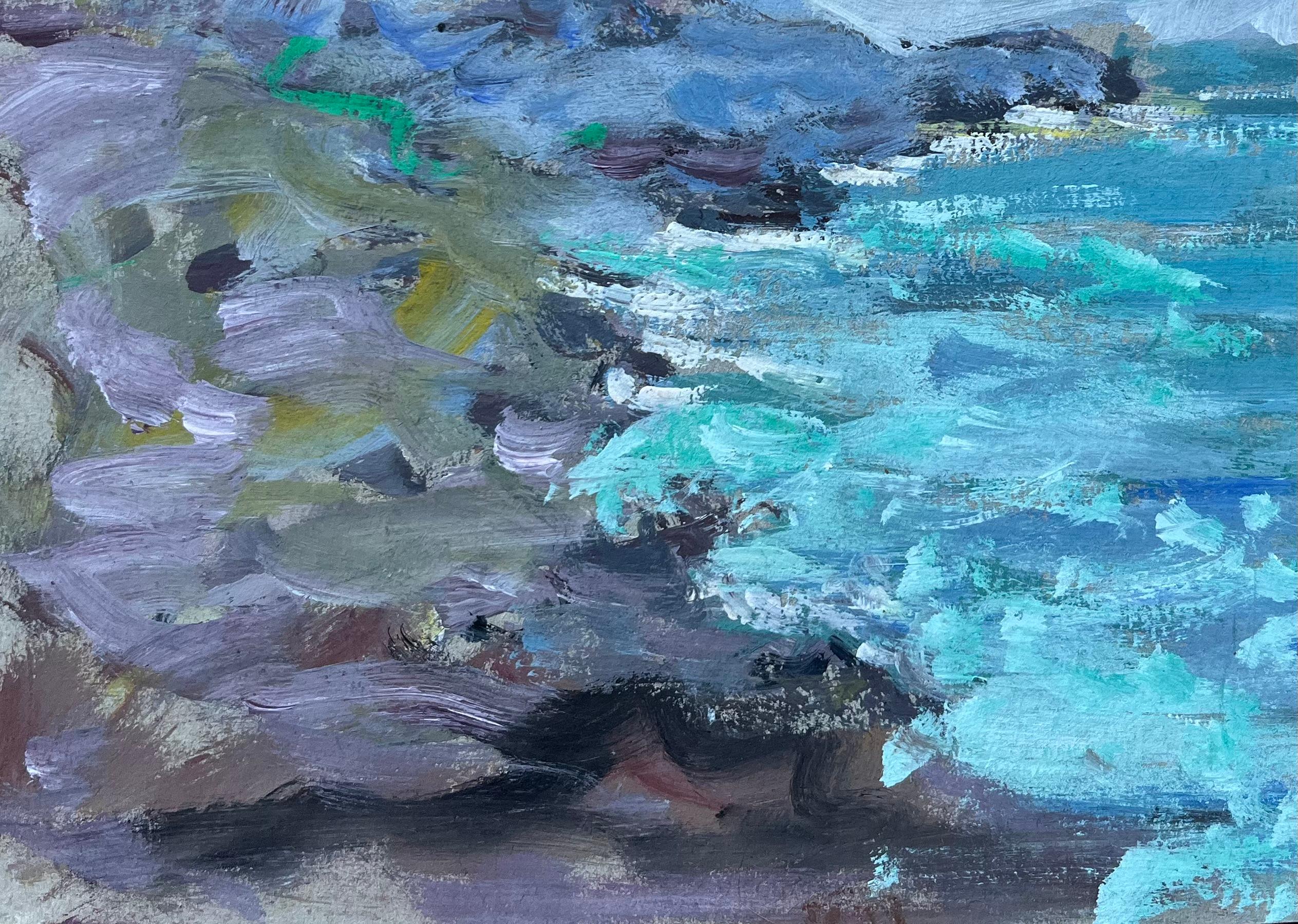 Paesaggio marino impressionista francese con strutture a picco sul mare e barche a vela - Figurative Painting Blu di Fanch Lel