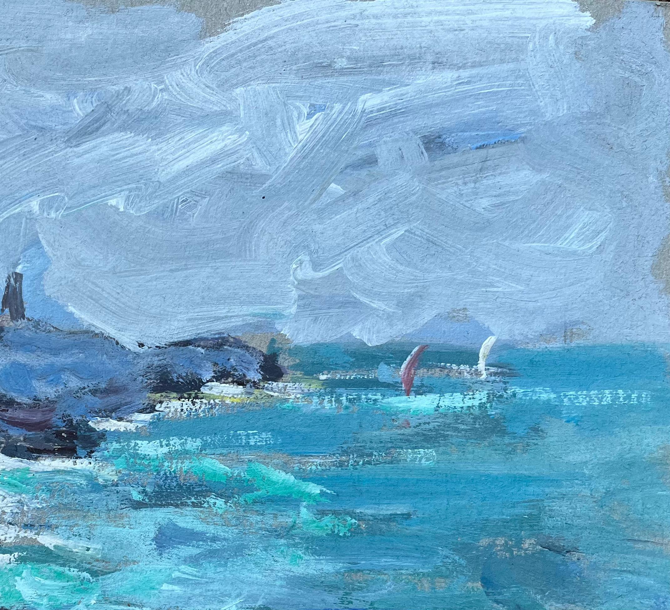 Titolo: Paesaggio marino impressionista francese con strutture a picco sul mare e barche a vela
di Fanch Lel (francese, nato nel 1930)
Dimensioni: 8,5 pollici (altezza) x 10,5 pollici (larghezza)
Pittura a olio su cartone, senza cornice
Condit: Il