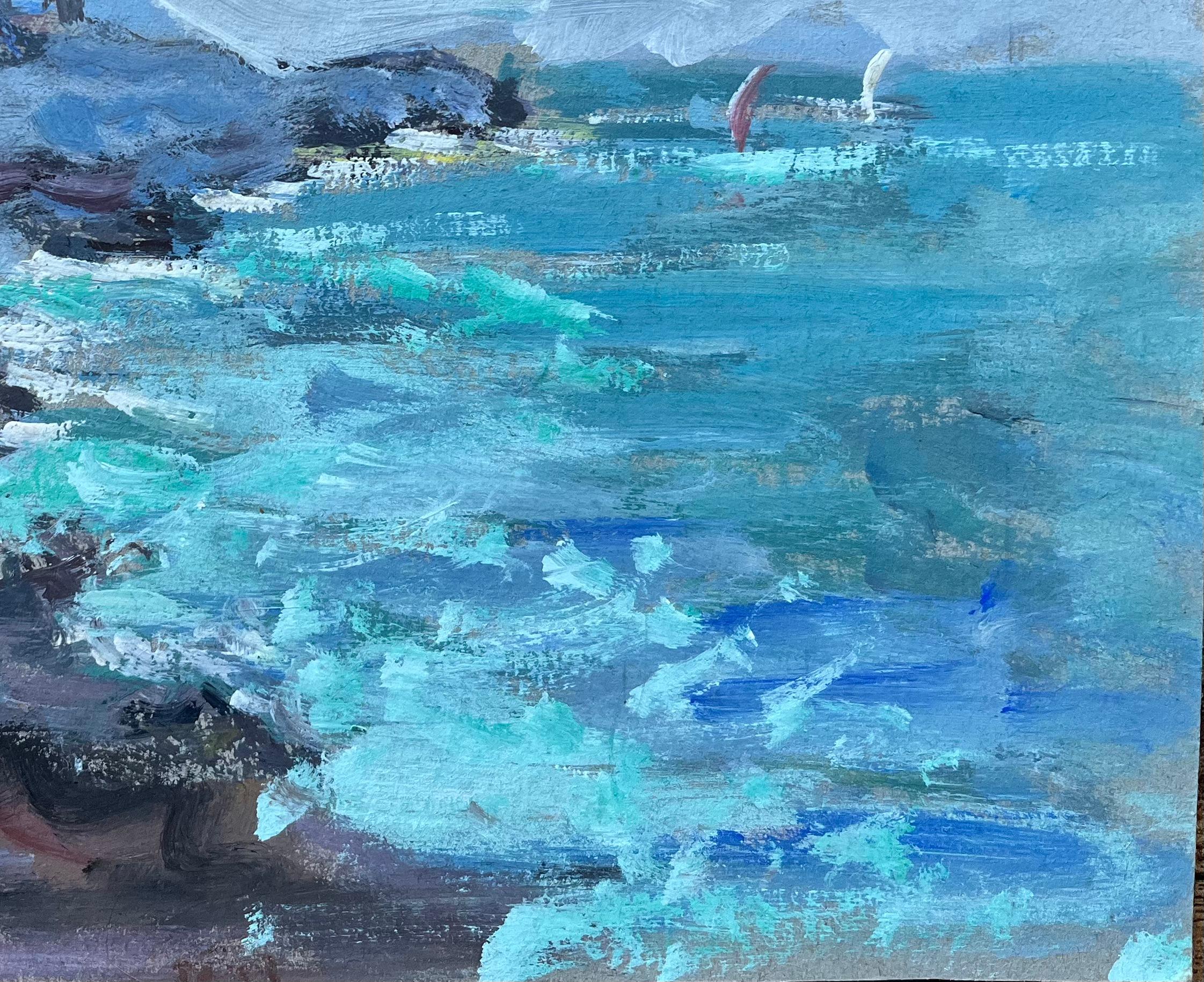 Paesaggio marino impressionista francese con strutture a picco sul mare e barche a vela in vendita 1