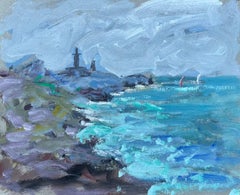 French Impressionist Seascape with Clifftop Structures and Sailboats