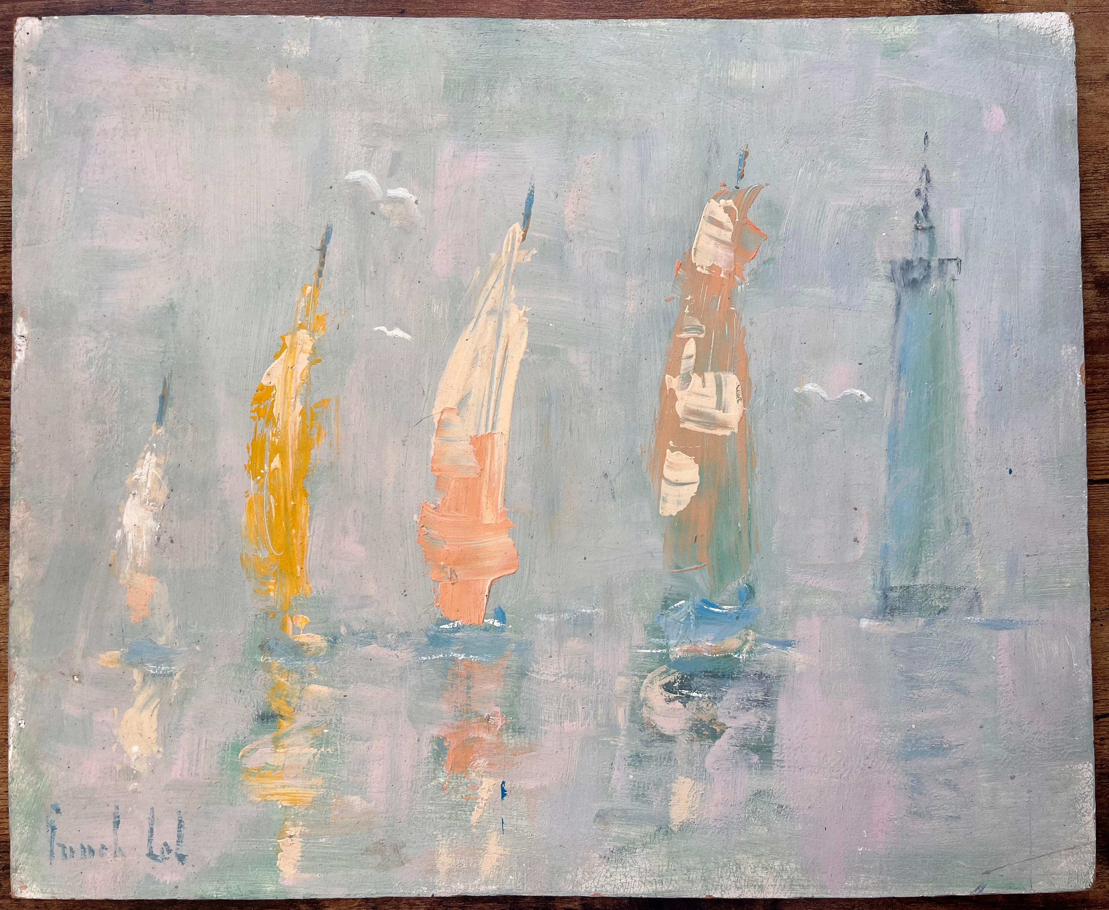 Französischer Impressionist Seelandschaft mit bunten Segelbooten und Leuchtturm – Painting von Fanch Lel