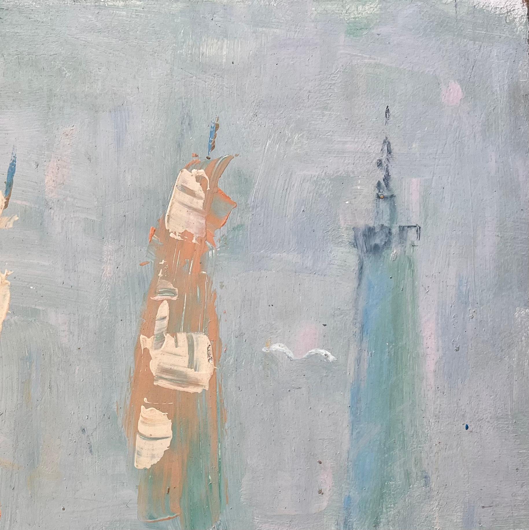 Französischer Impressionist Seelandschaft mit bunten Segelbooten und Leuchtturm (Grau), Abstract Painting, von Fanch Lel