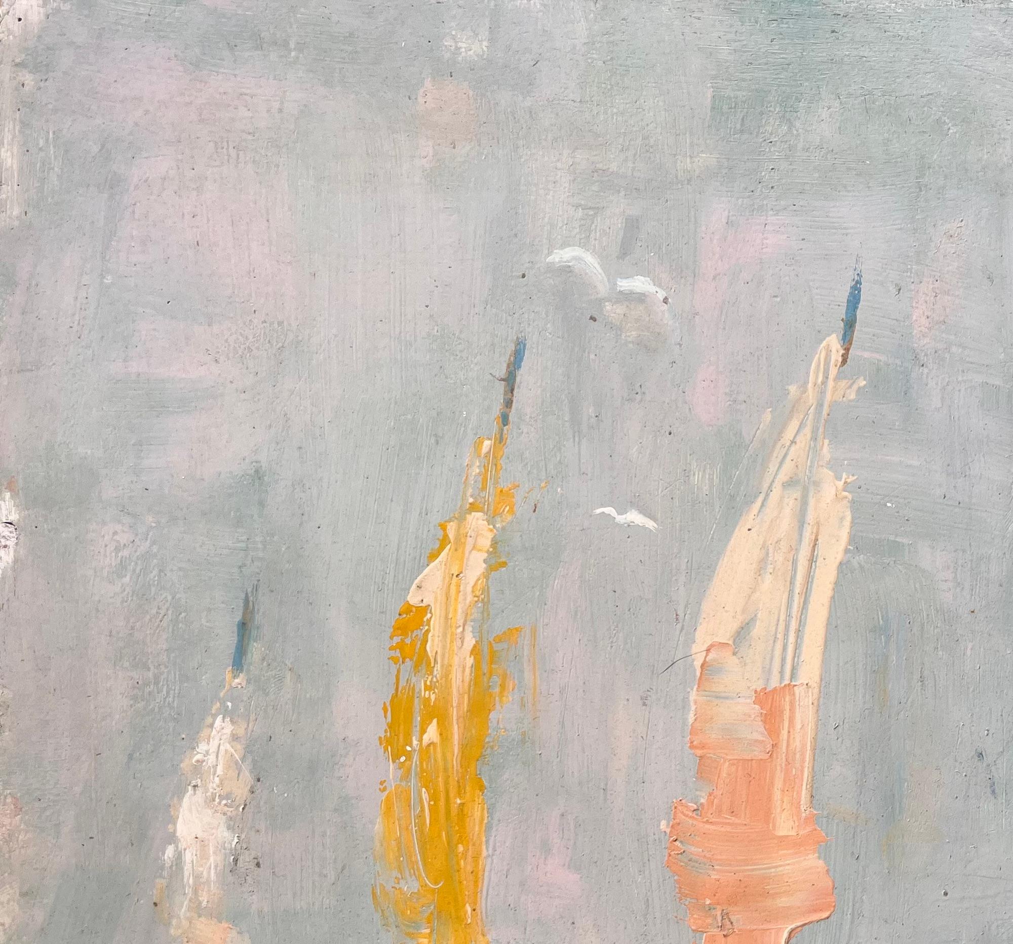 Titel: Französische impressionistische Seelandschaft mit bunten Segelbooten und Leuchtturm
Von Fanch Lel
Unterschrieben: Ja
Größe: 14,75 x 18,25 Zoll (Höhe x Breite)
Ölgemälde auf Karton, ungerahmt
Zustand: Das Gemälde ist in gutem Zustand mit