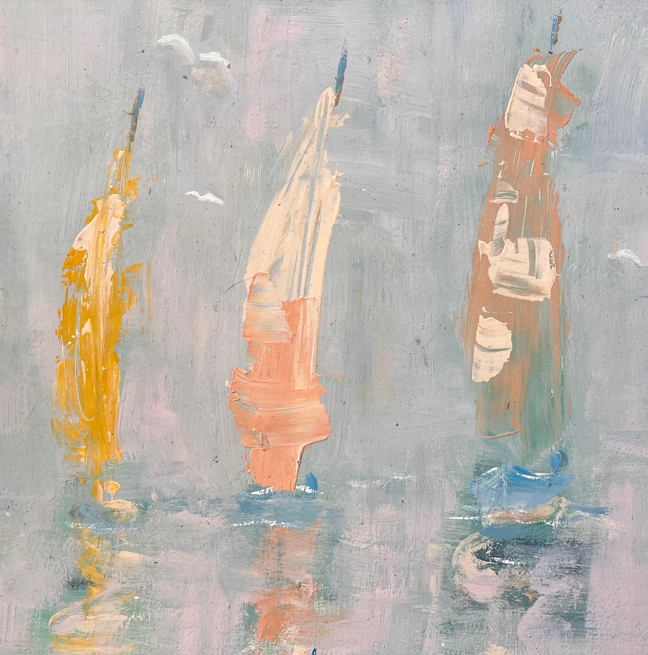 Französischer Impressionist Seelandschaft mit bunten Segelbooten und Leuchtturm im Angebot 1