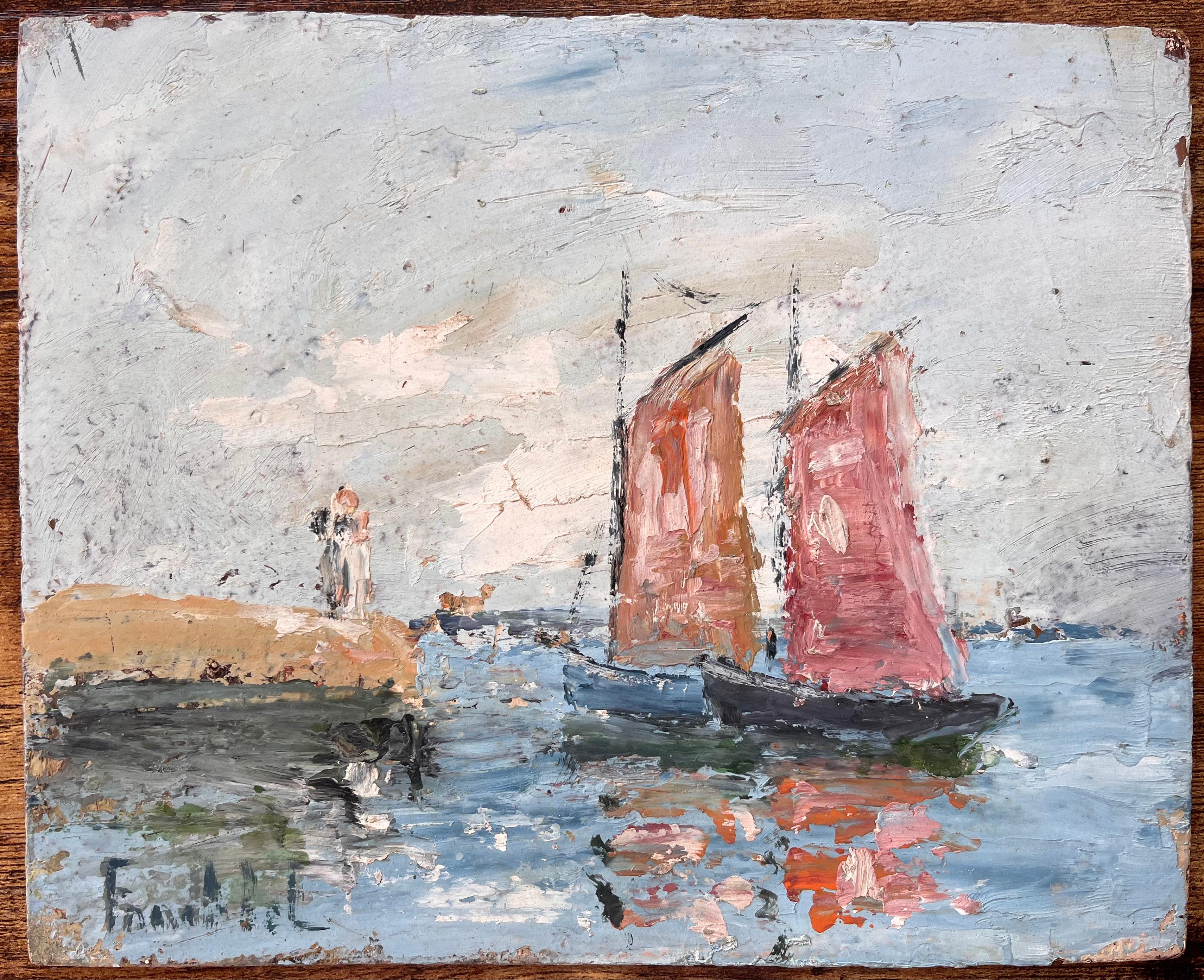 Französischer Impressionismus Seelandschaft mit roten Segelbooten und Leuchtturm – Painting von Fanch Lel