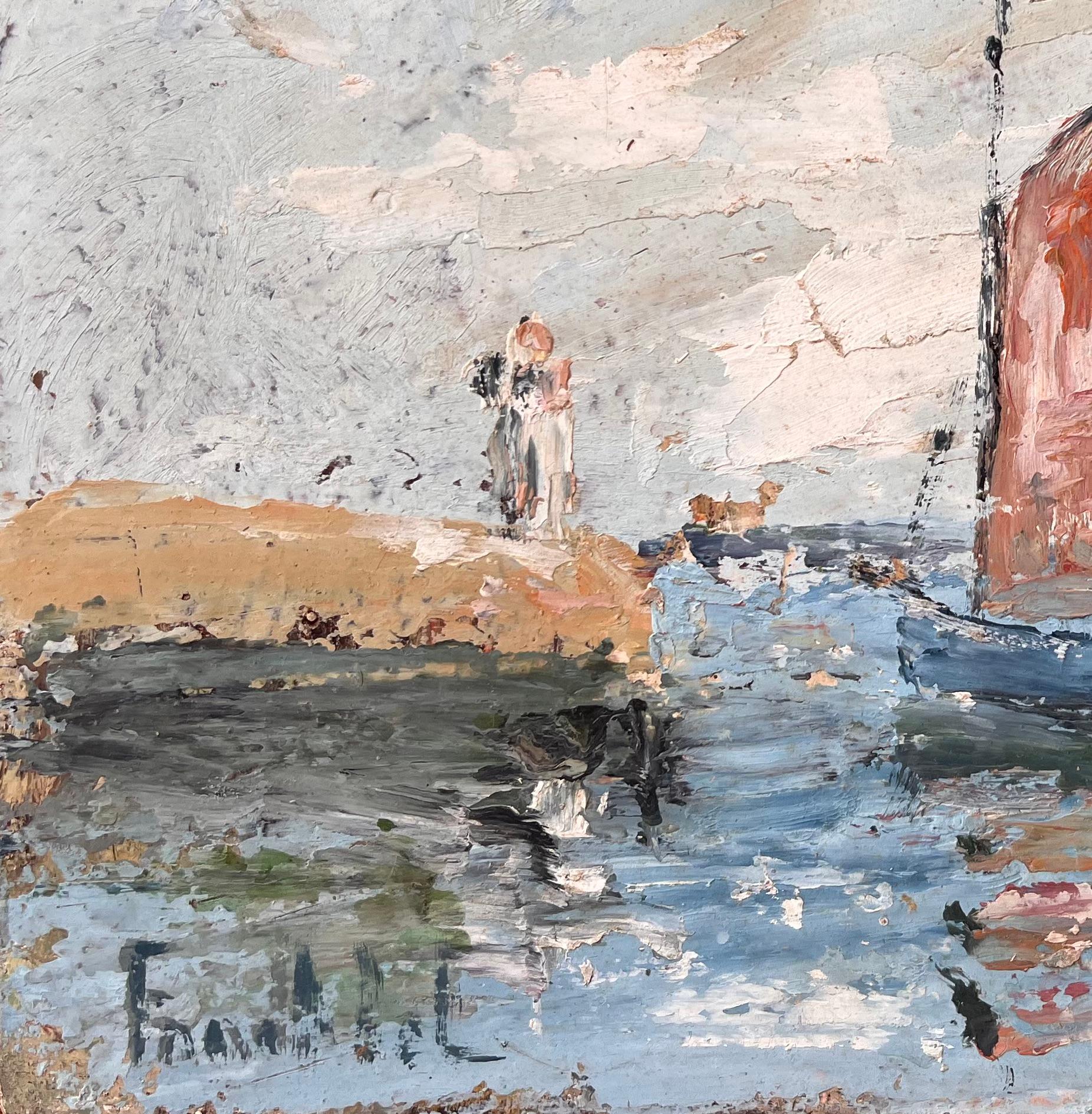 Titel: Französischer Impressionismus - Seelandschaft mit roten Segelbooten und Leuchtturm
Von Fanch Lel
Unterschrieben: Ja
Größe: 8,5 x 10,75 Zoll (Höhe x Breite)
Ölgemälde auf Karton, ungerahmt
Zustand: Das Gemälde ist in gutem Zustand mit