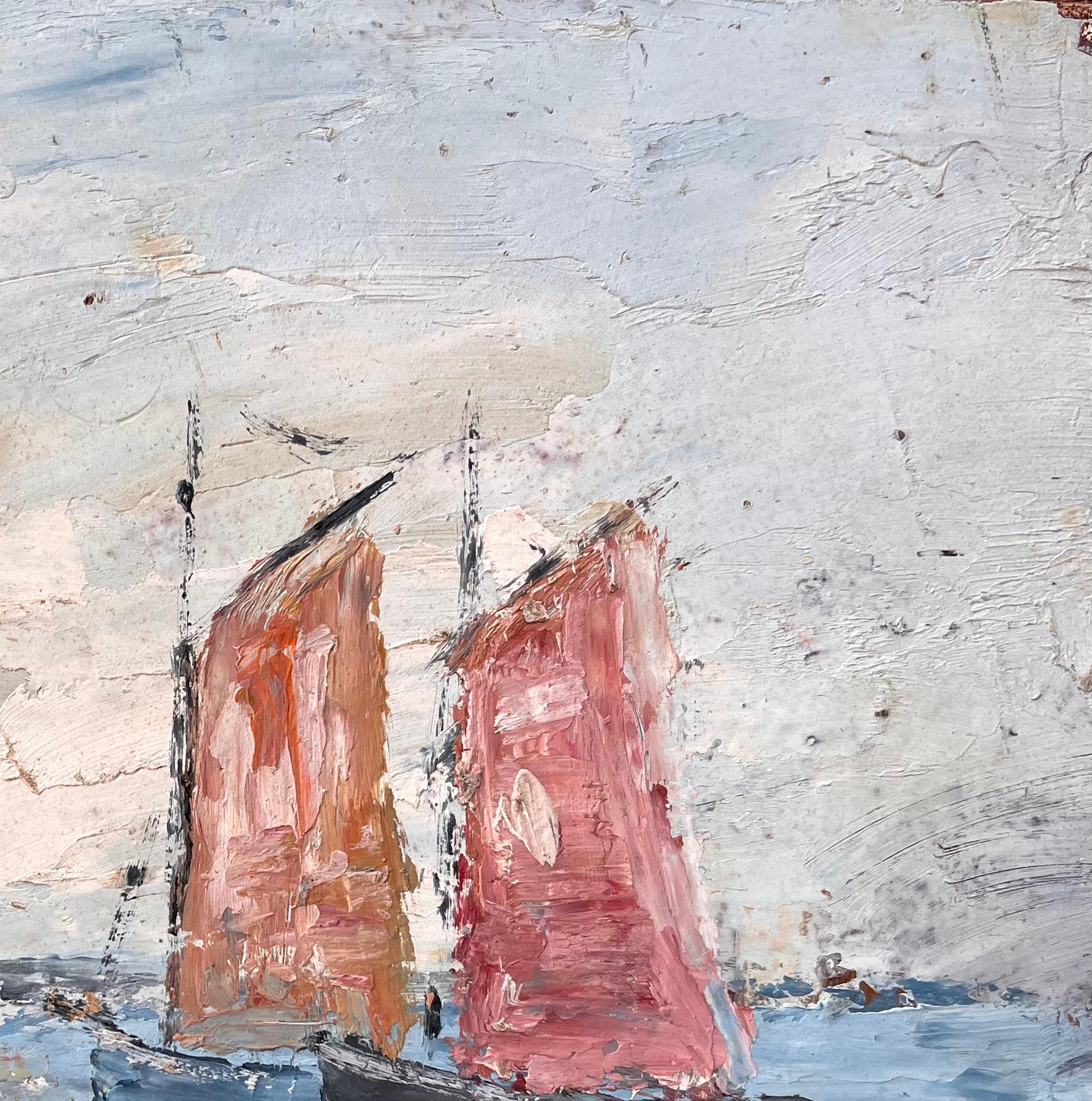 Französischer Impressionismus Seelandschaft mit roten Segelbooten und Leuchtturm im Angebot 2