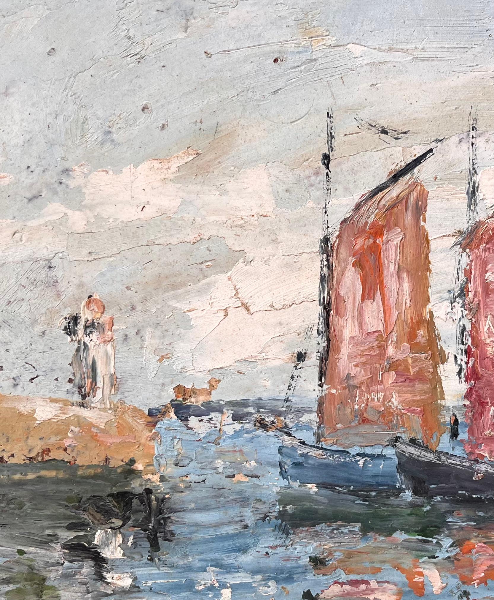 Französischer Impressionismus Seelandschaft mit roten Segelbooten und Leuchtturm im Angebot 3