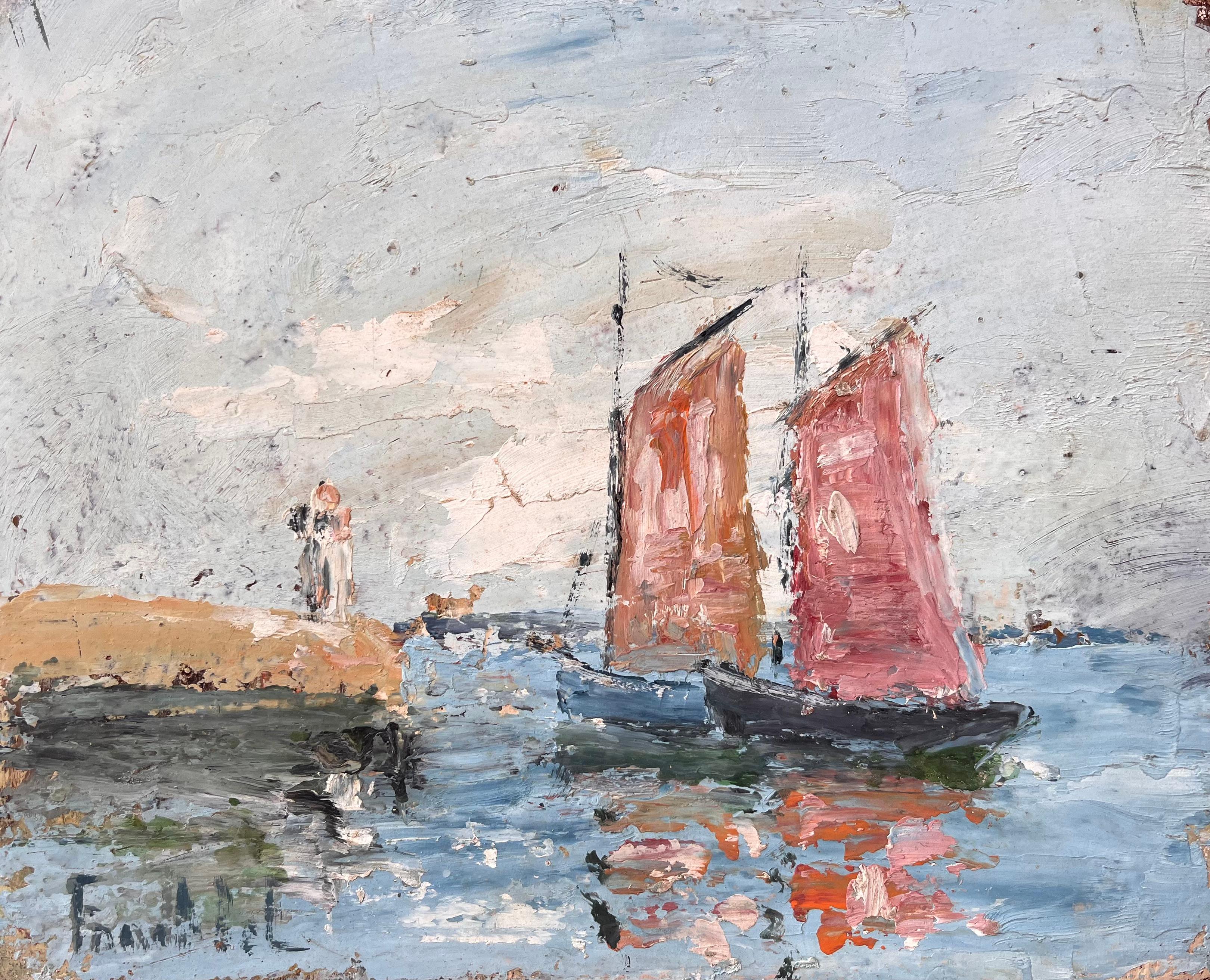 Paisaje marino impresionista francés con barcos de vela roja y faro