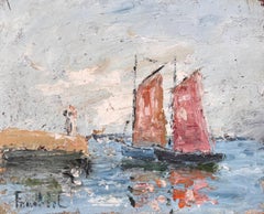 French Impressionist Seascape with Red Sailed Boats and Lighthouse