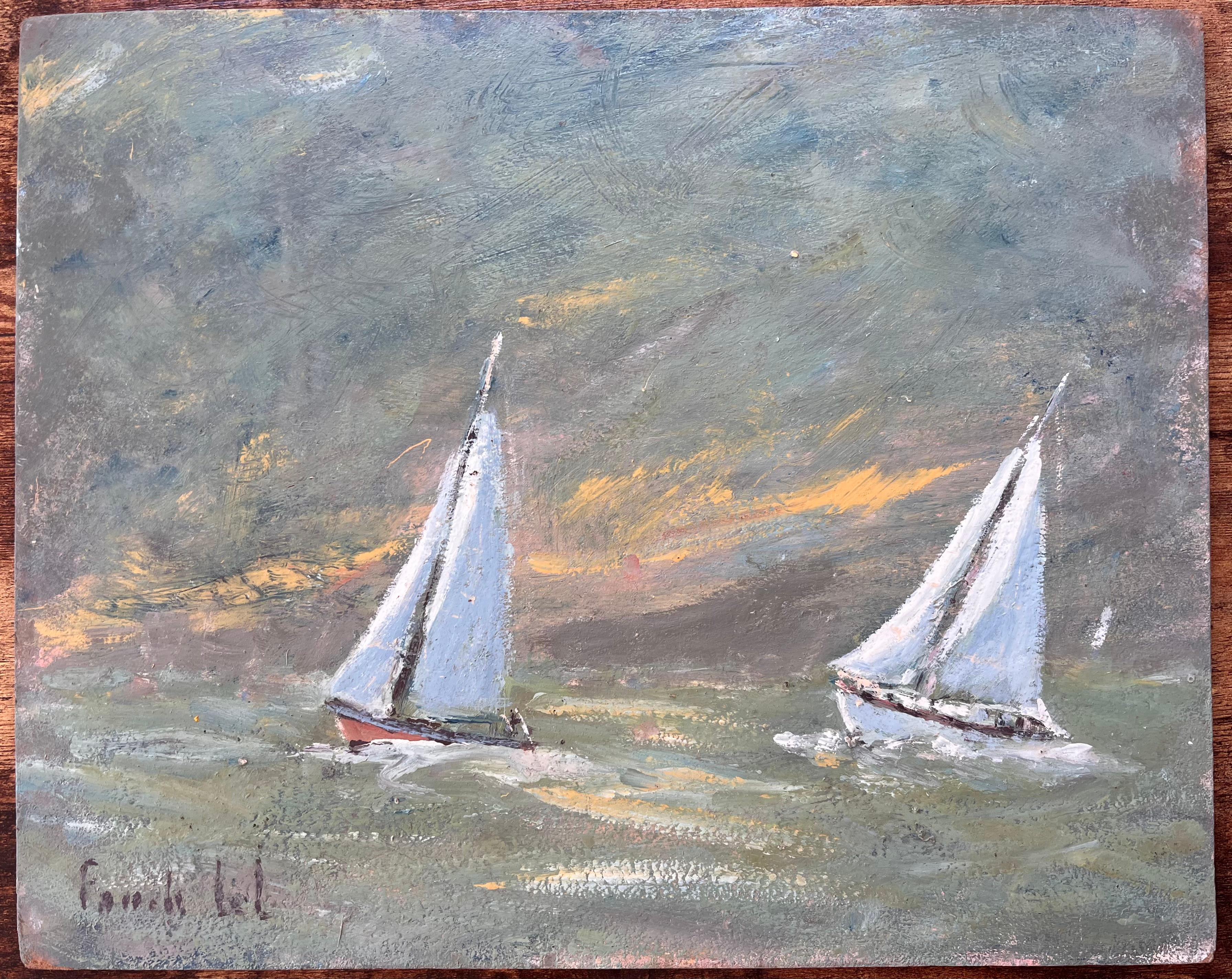 Paesaggio marino impressionista francese con due barche a vela bianche al tramonto - Painting di Fanch Lel