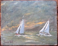 Französische impressionistische Seelandschaft mit zwei weißen Segelbooten bei Sonnenuntergang