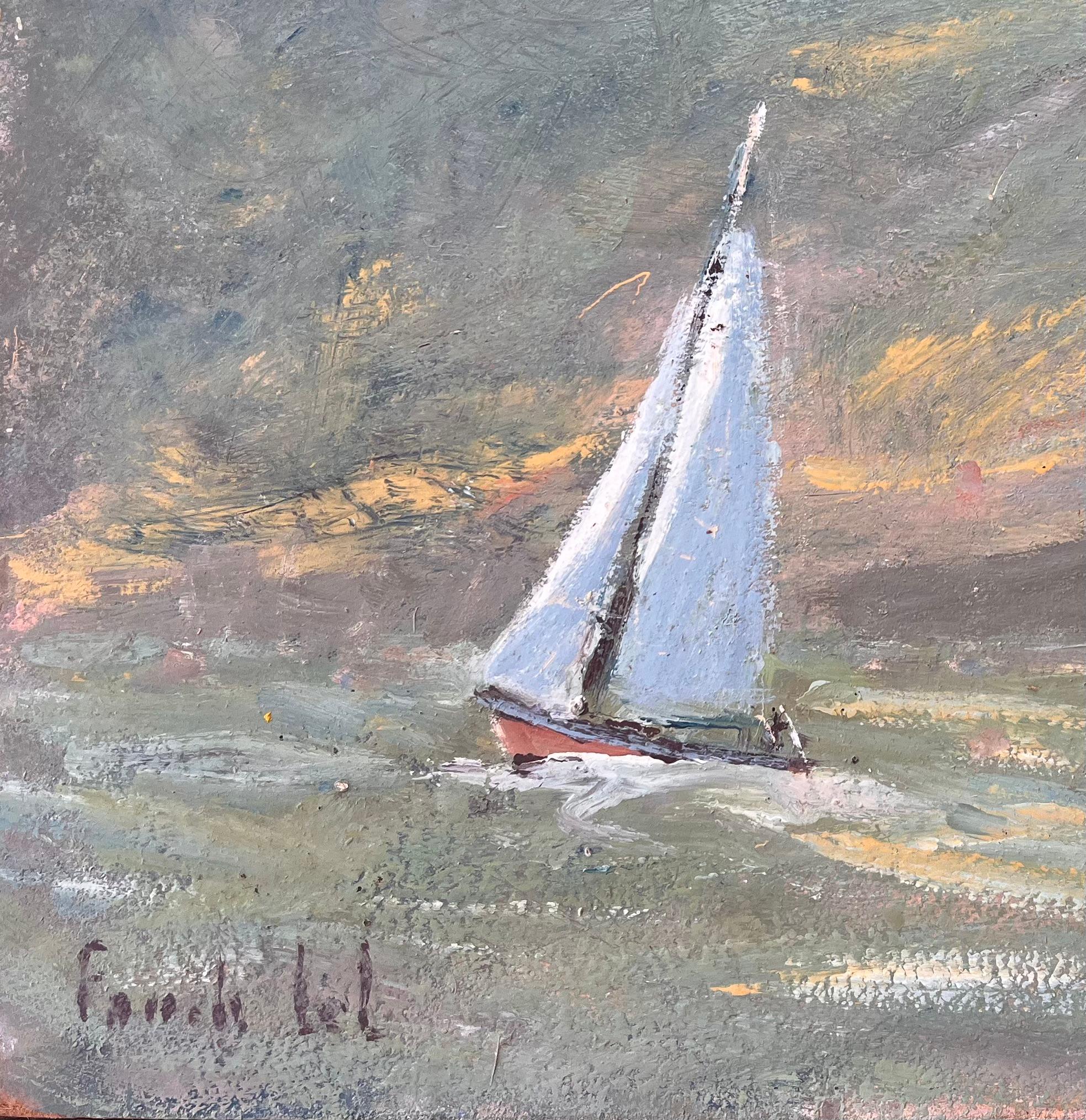 Paesaggio marino impressionista francese con due barche a vela bianche al tramonto - Painting Impressionismo di Fanch Lel