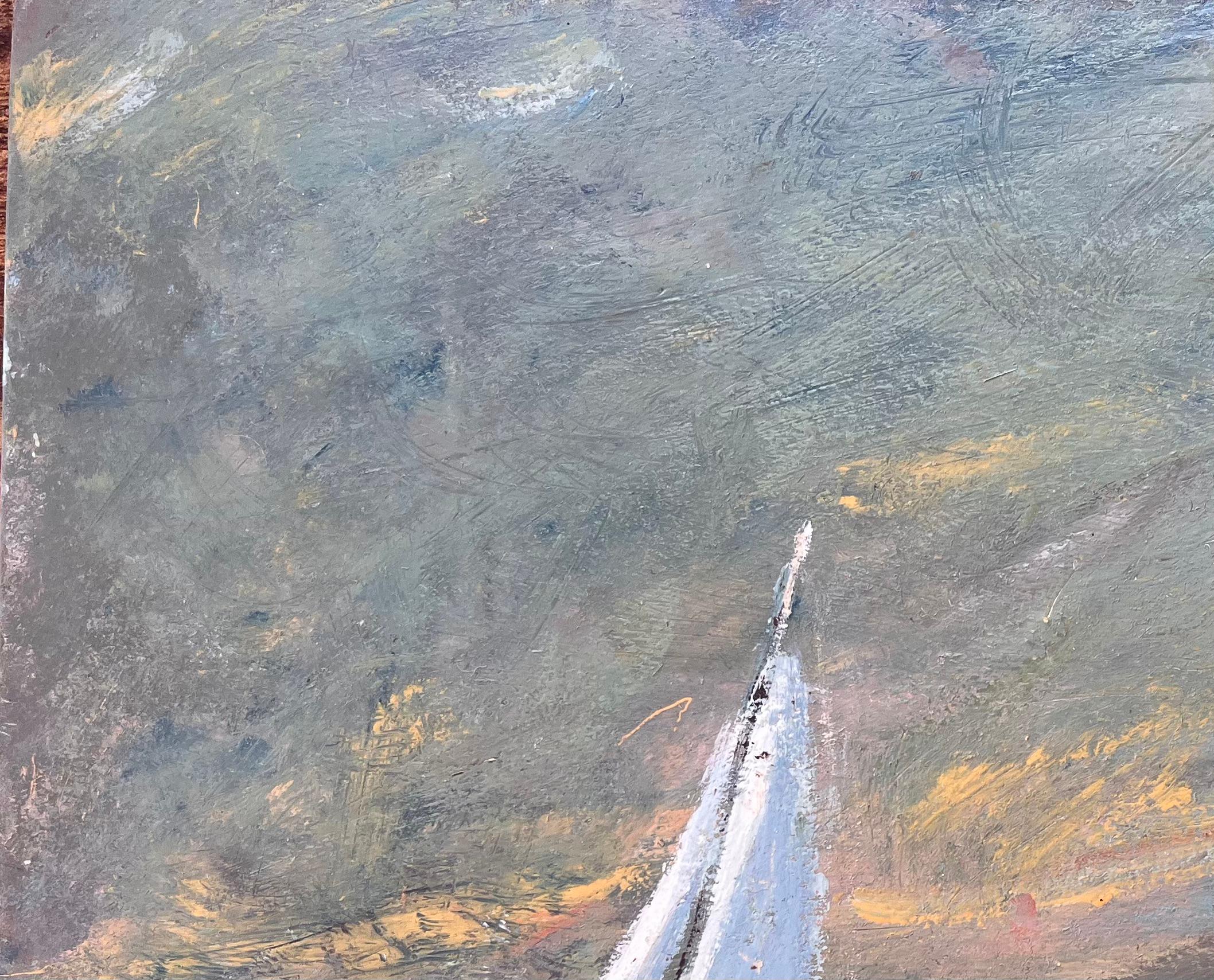 Paesaggio marino impressionista francese con due barche a vela bianche al tramonto - Abstract Painting Grigio di Fanch Lel