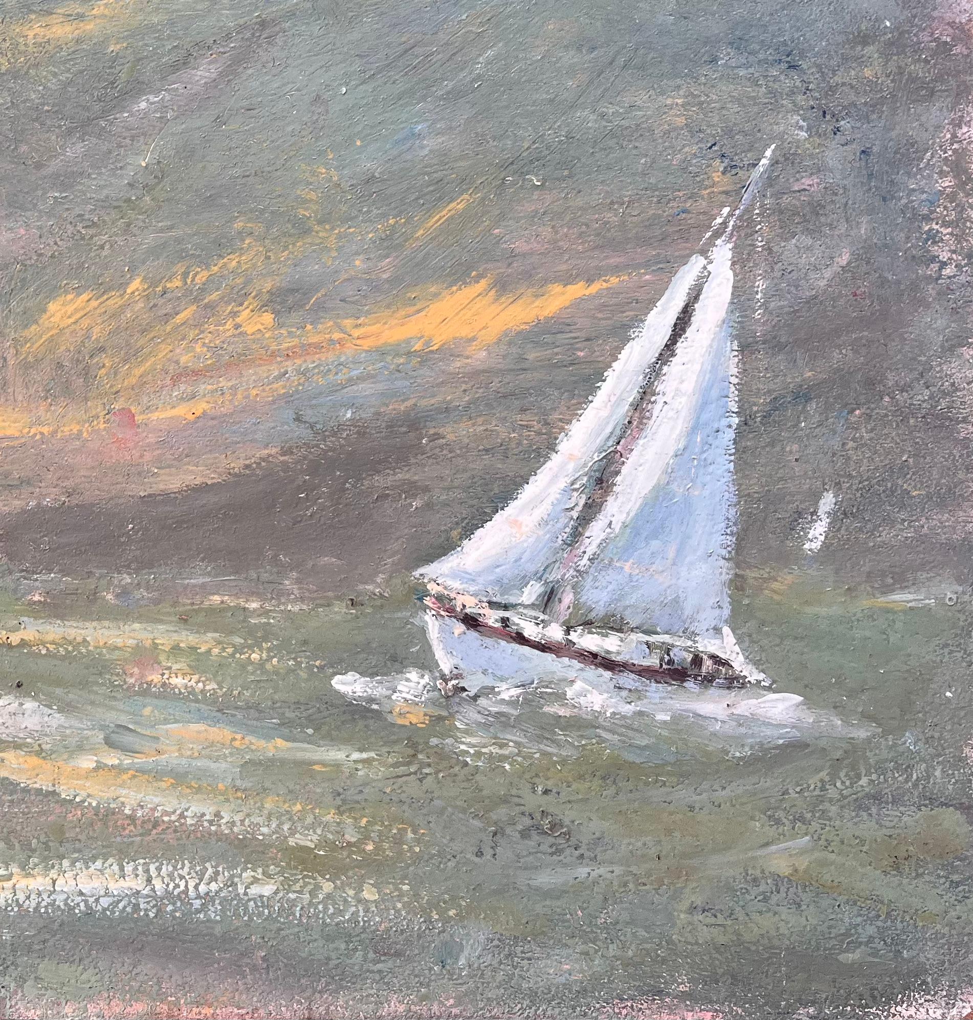Titolo: Paesaggio marino impressionista francese con due barche a vela bianche al tramonto
Da Fanch Lel
Firmato: Yes One
Dimensioni: 13 x 16 pollici (altezza x larghezza)
Pittura a olio su tavola, senza cornice
Condit: Il dipinto è in buone