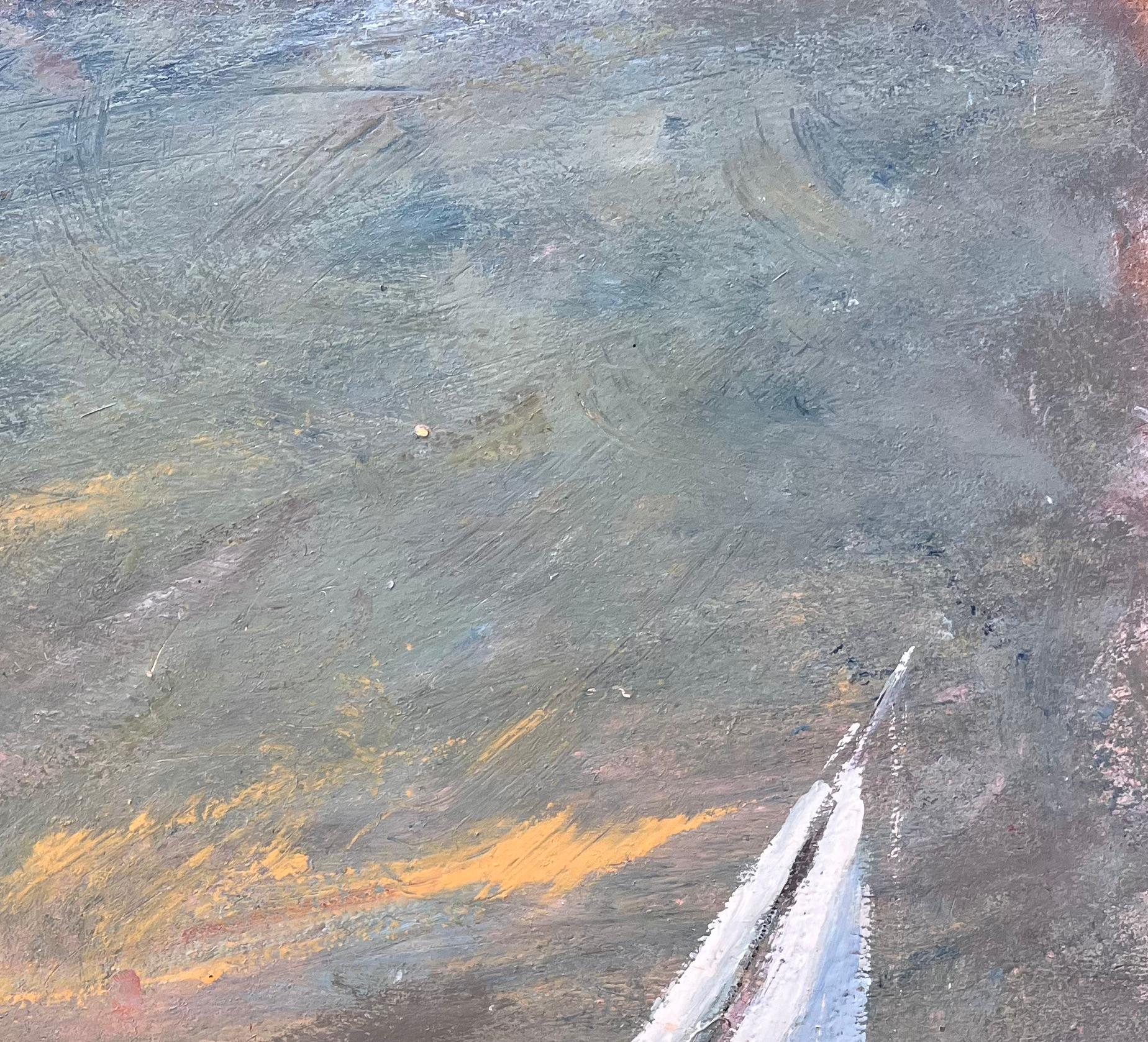 Paesaggio marino impressionista francese con due barche a vela bianche al tramonto in vendita 1