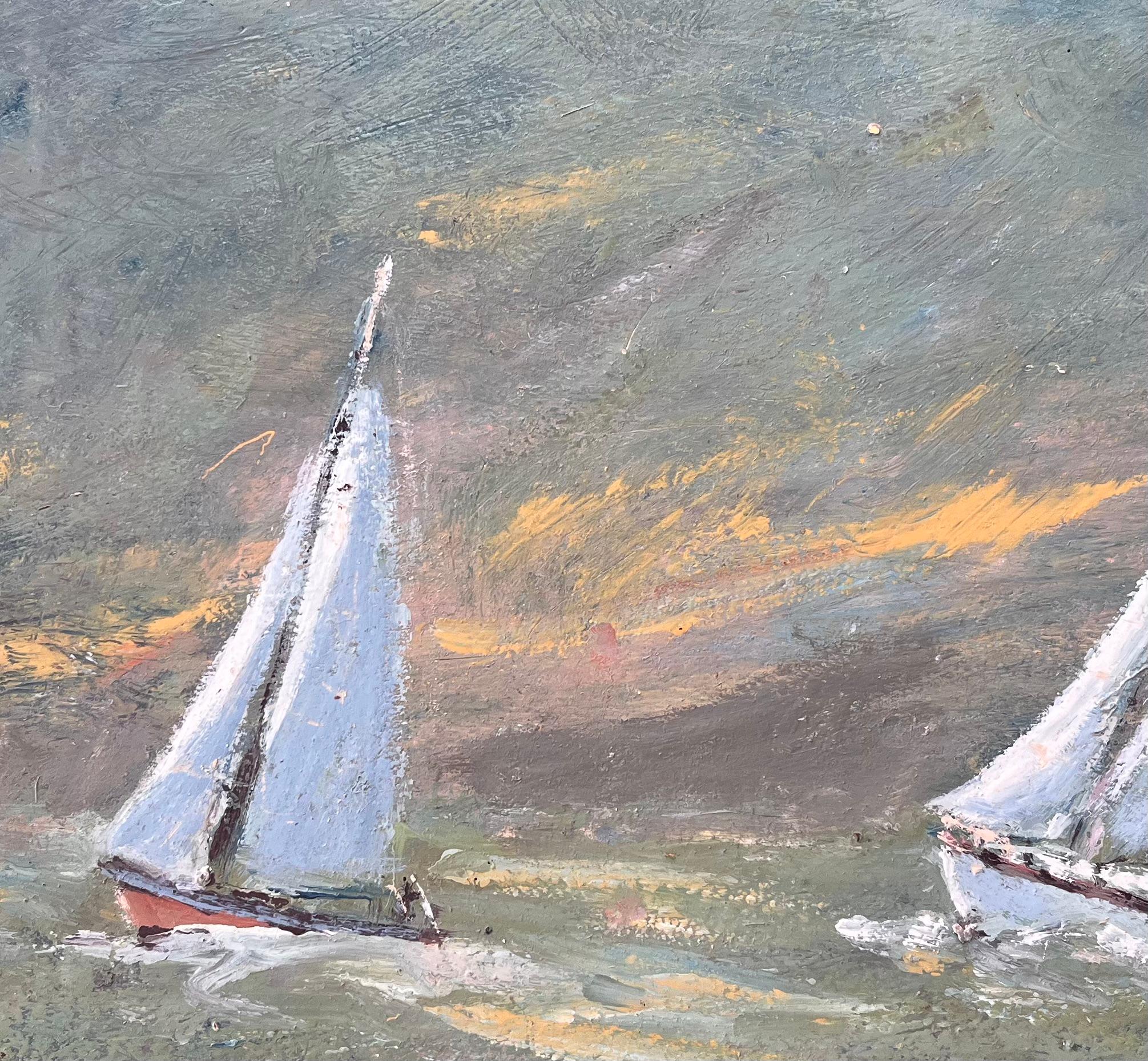 Paesaggio marino impressionista francese con due barche a vela bianche al tramonto in vendita 2