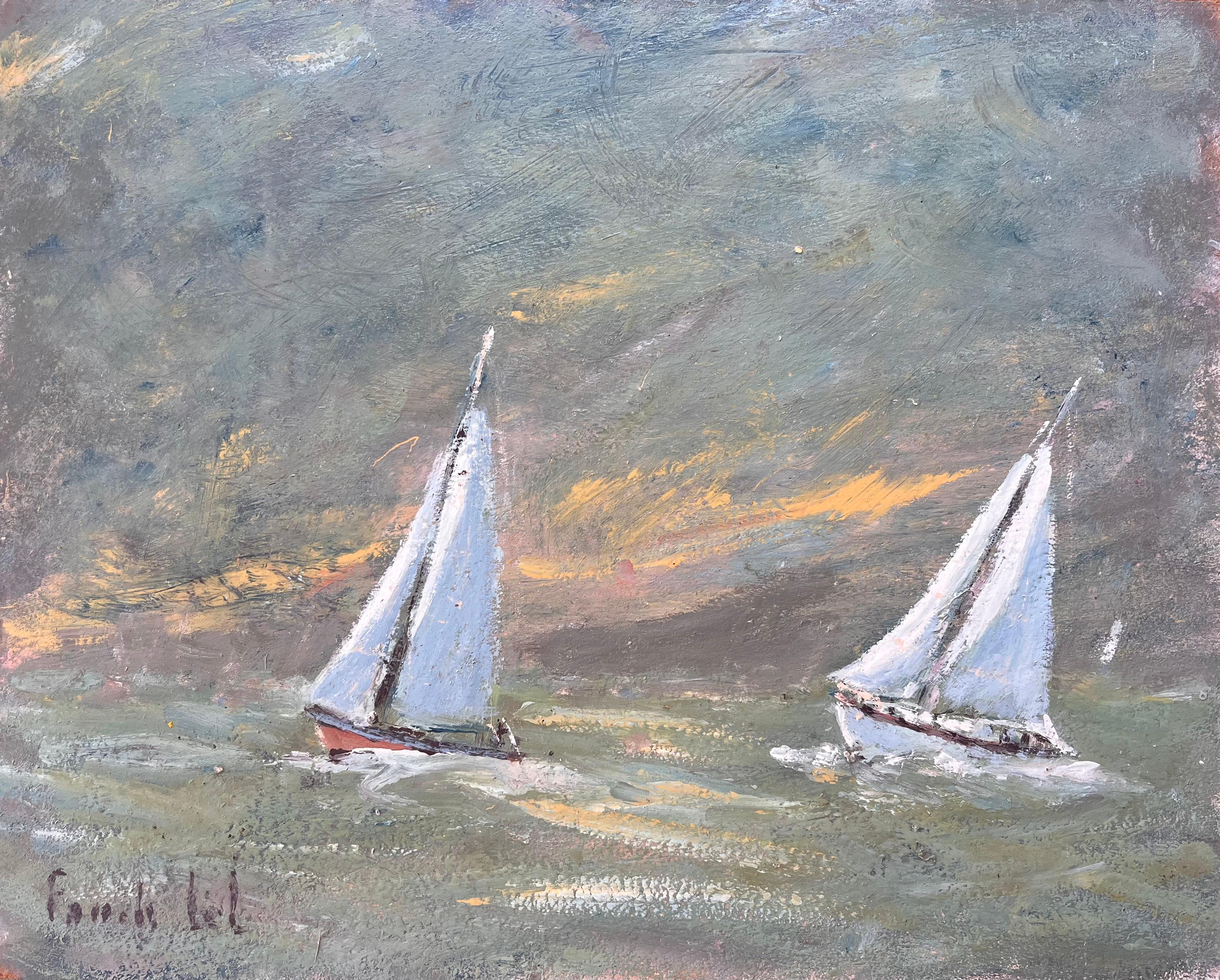 Paesaggio marino impressionista francese con due barche a vela bianche al tramonto