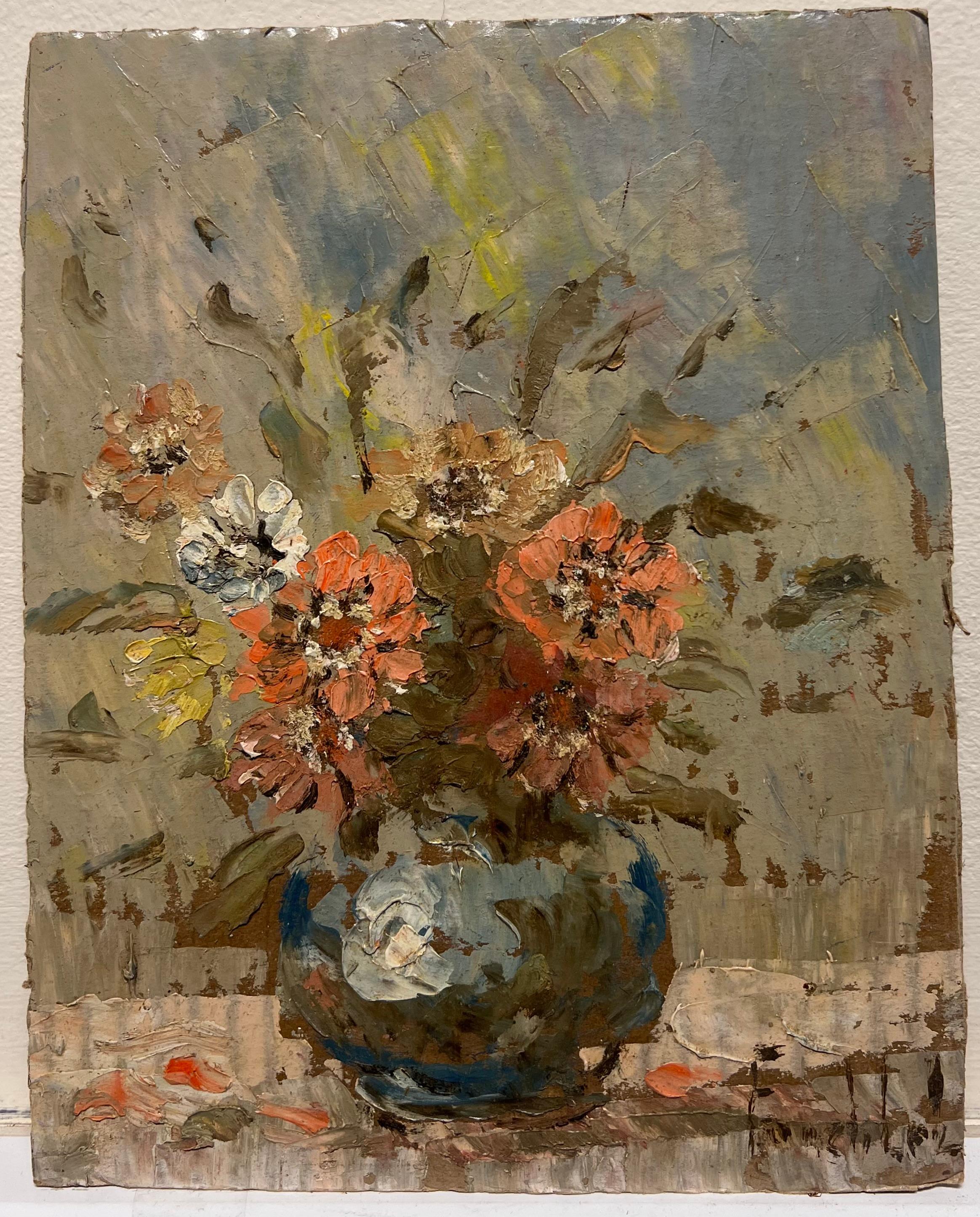 Natura morta impressionista francese Fiori d'autunno in un vaso blu - Painting Impressionismo di Fanch Lel