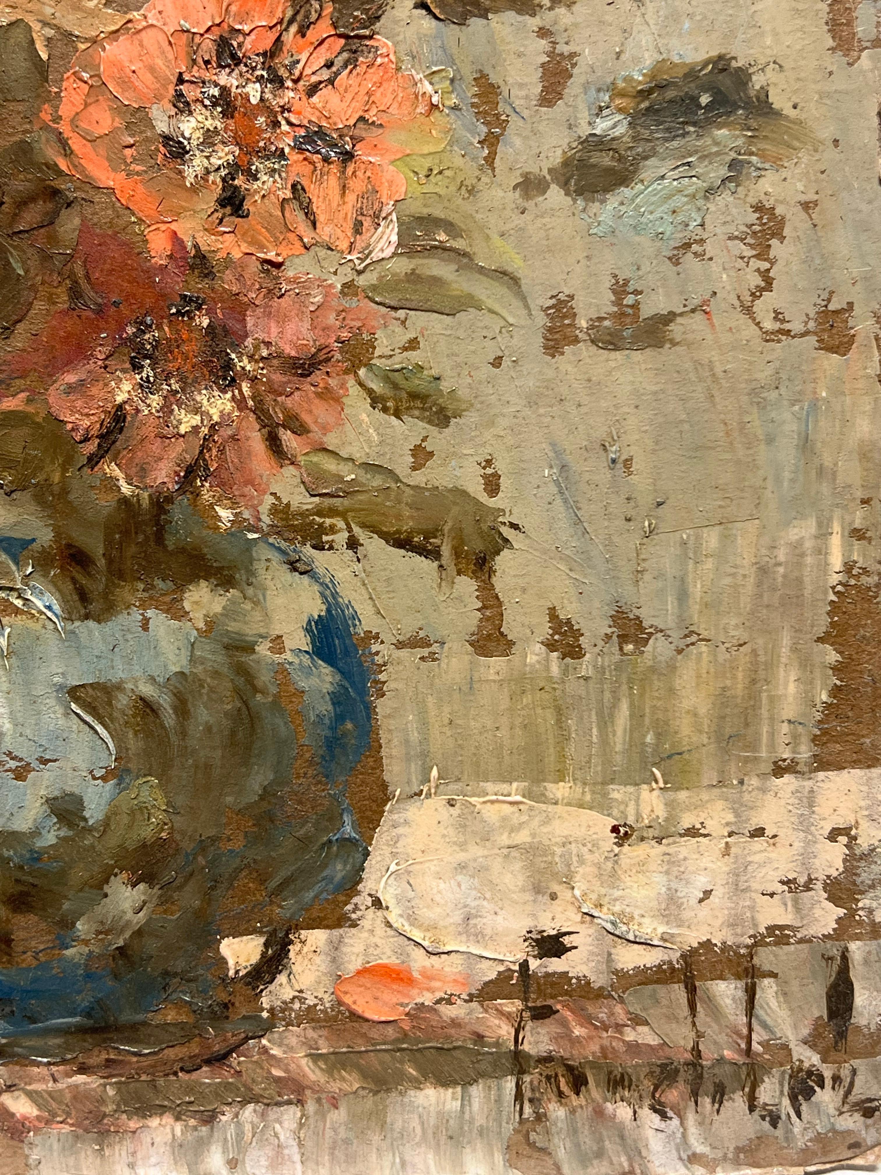 Natura morta impressionista francese Fiori d'autunno in un vaso blu - Figurative Painting Marrone di Fanch Lel