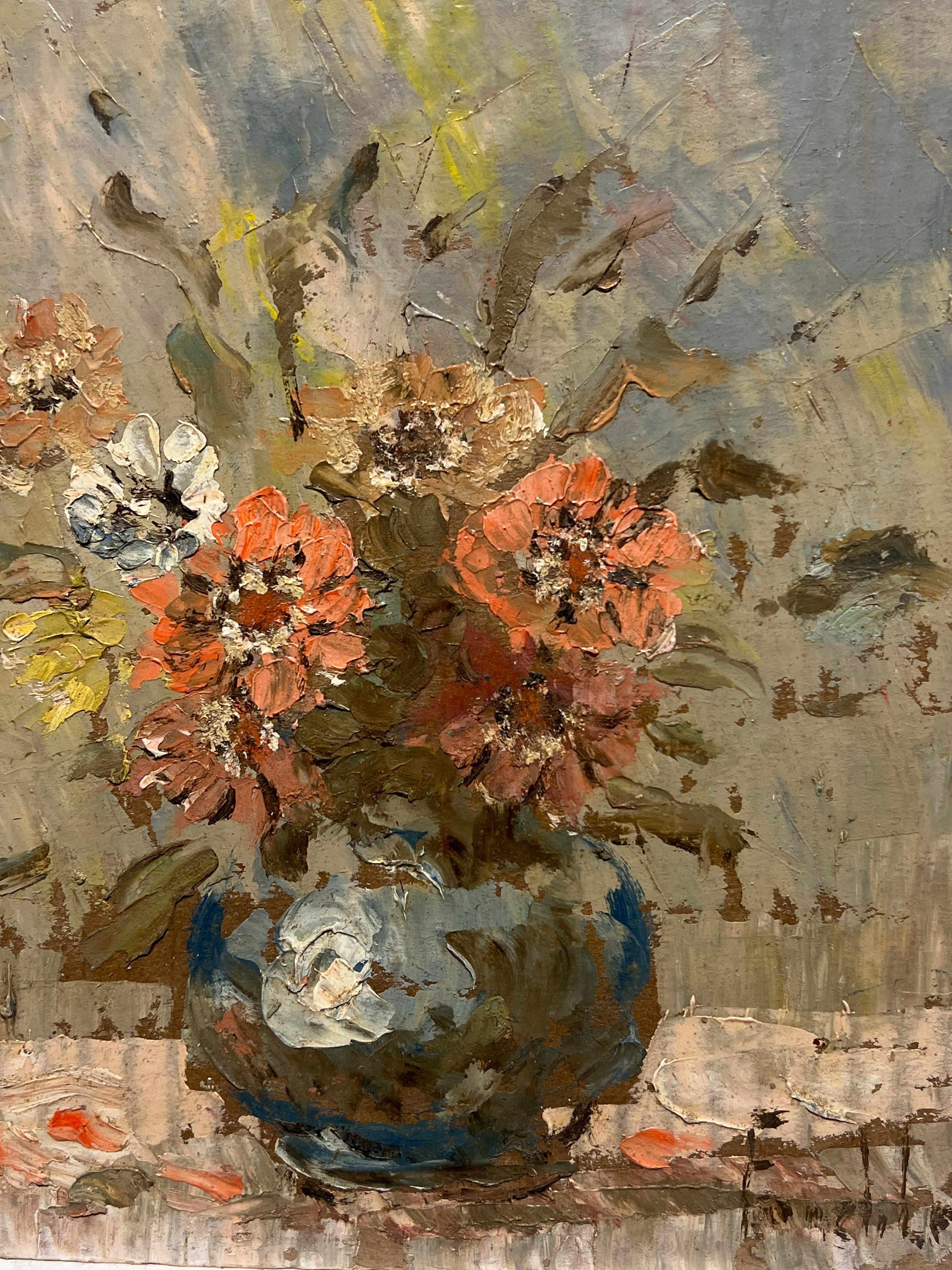 Fiori d'autunno in un vaso blu
firmato da Fanch Lel (francese, nato nel 1930)
Dimensioni: 10 x 8 pollici
Inscritto sul verso
Pittura a olio su cartone, senza cornice
Condit: Il dipinto è in buone condizioni, con lievi segni di