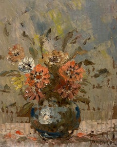 Nature morte impressionniste française Fleurs d'automne dans un vase bleu