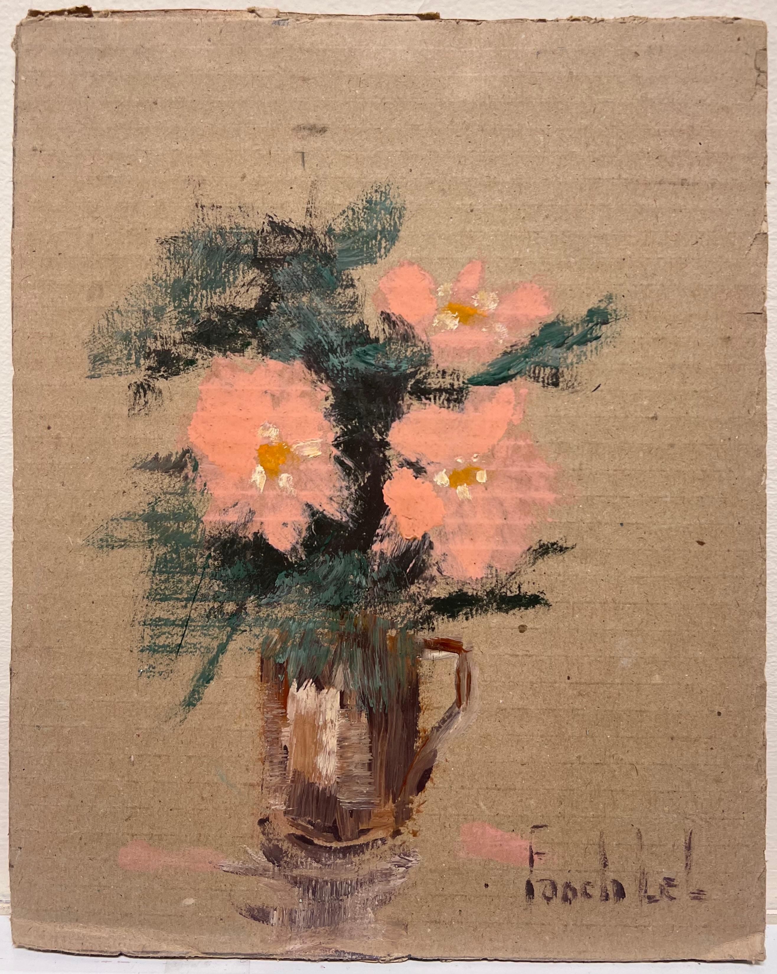 Französisches impressionistisches Stillleben mit Korallenblumen in Vintage Pint Jug, Vintage – Painting von Fanch Lel