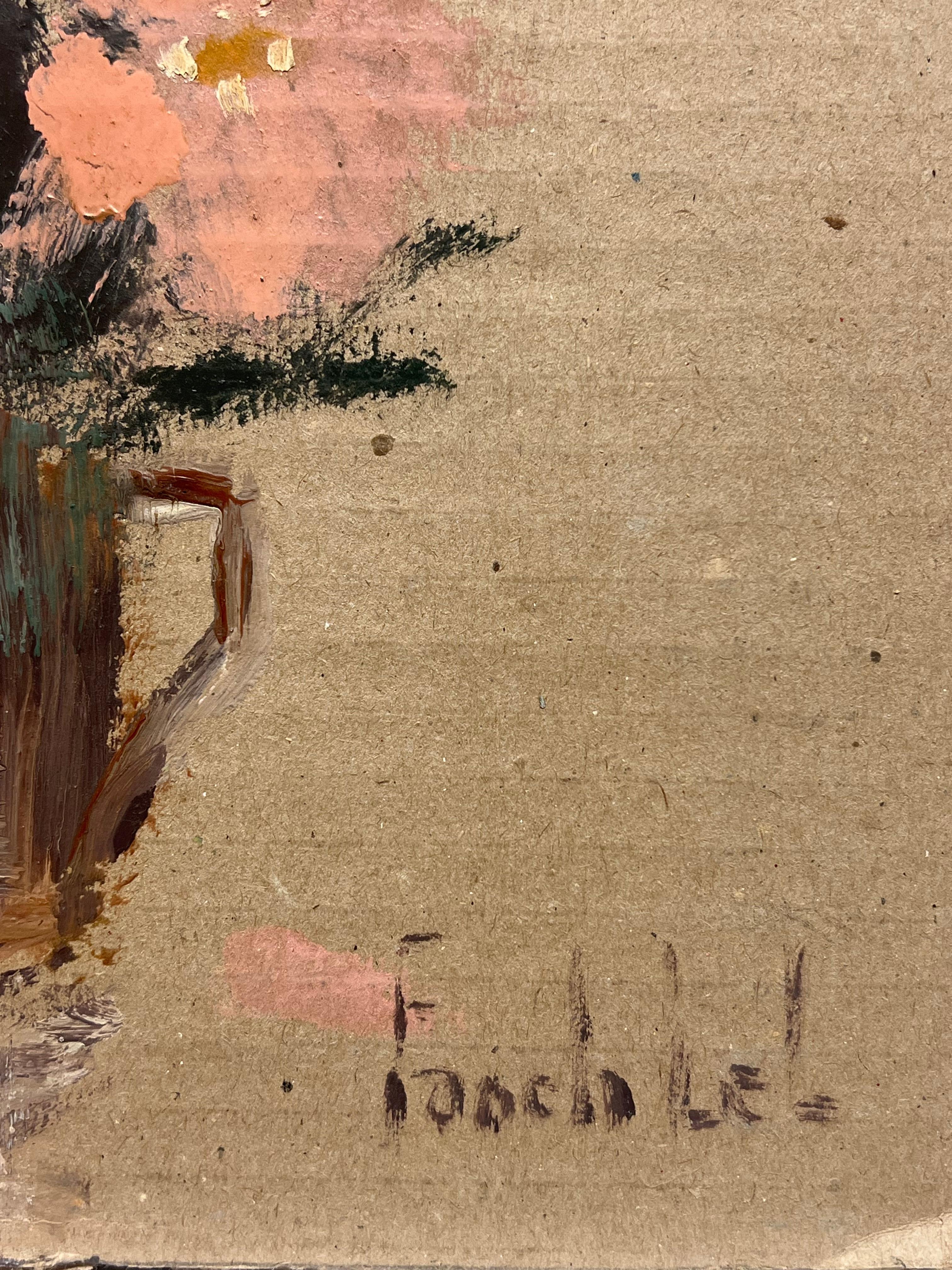 Französisches impressionistisches Stillleben mit Korallenblumen in Vintage Pint Jug, Vintage (Impressionismus), Painting, von Fanch Lel