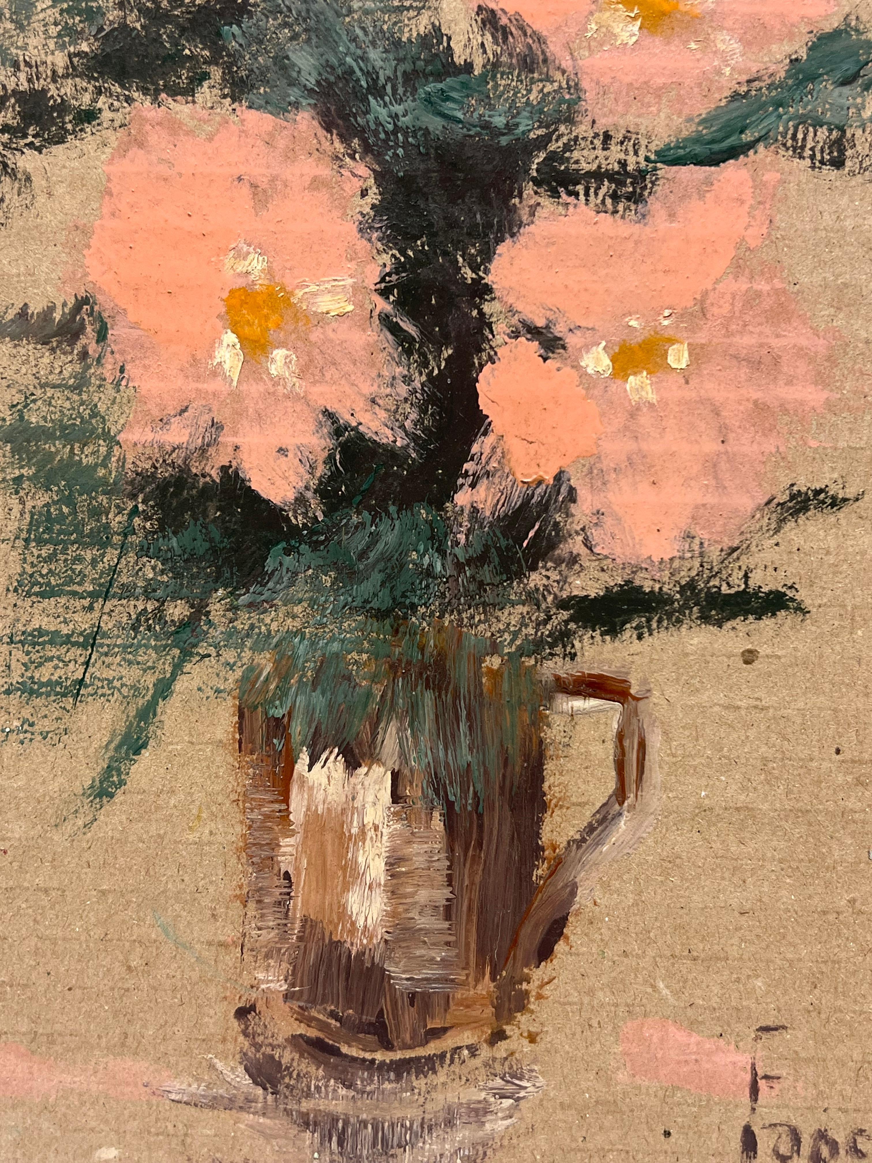 Französisches impressionistisches Stillleben mit Korallenblumen in Vintage Pint Jug, Vintage (Braun), Still-Life Painting, von Fanch Lel