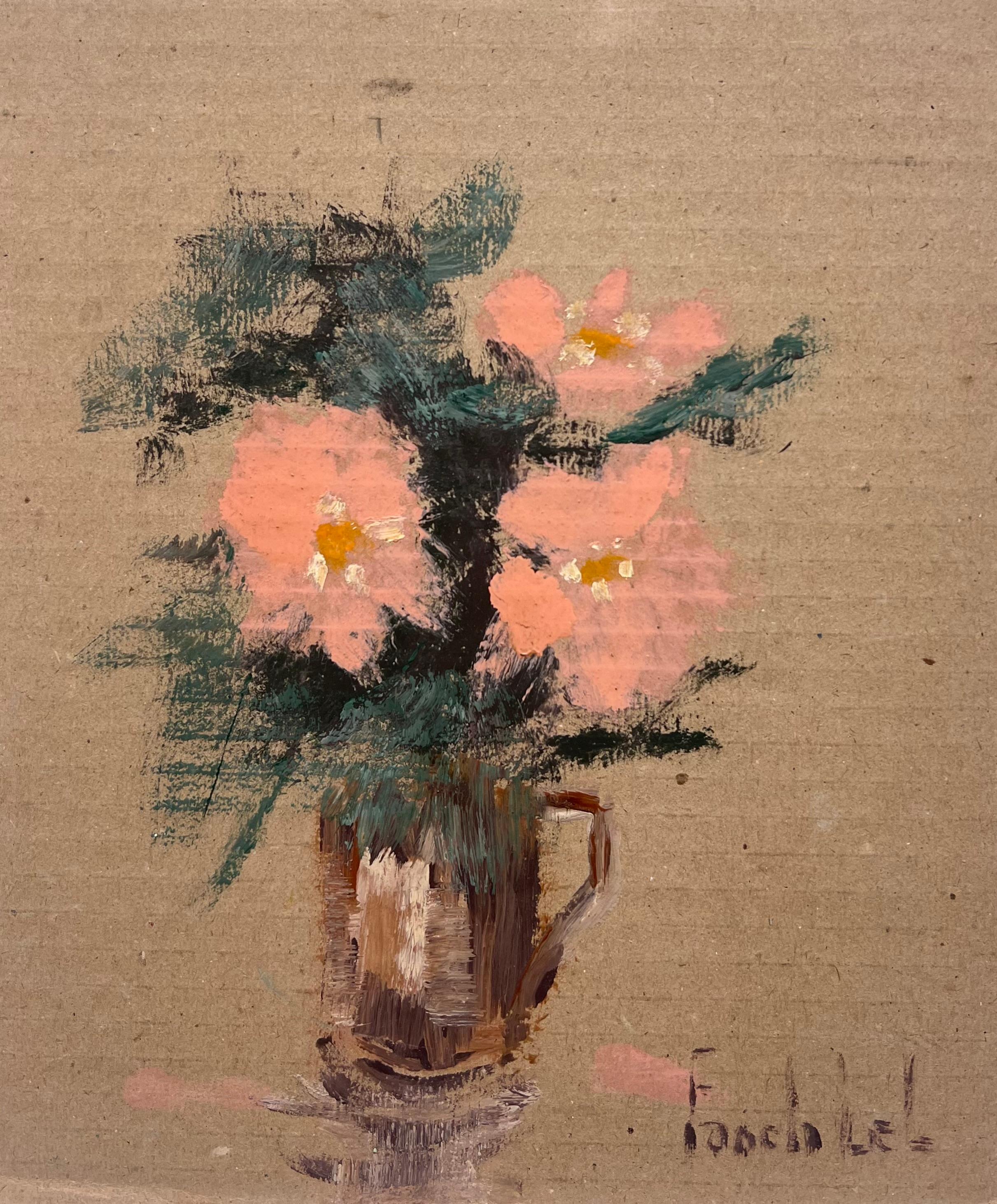 Fanch Lel Still-Life Painting – Französisches impressionistisches Stillleben mit Korallenblumen in Vintage Pint Jug, Vintage