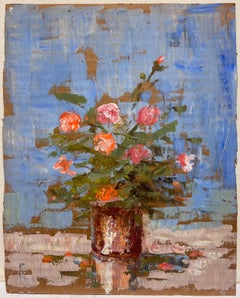 Französisches impressionistisches Stillleben mit rosa Rosen in rustikaler Vase in blauem Innenraum