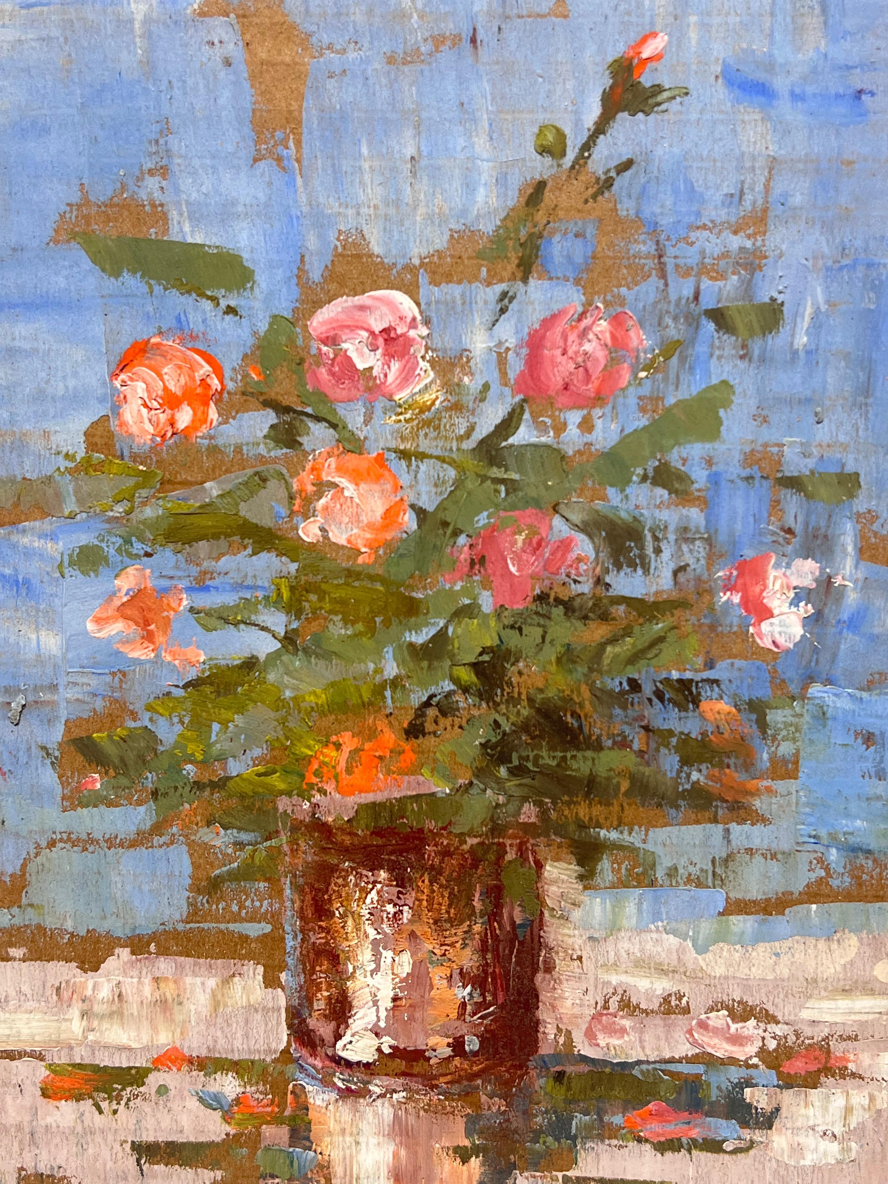 French Impressionist Still Life of Pink Roses in a Rustic Vase in Blue Interior - Gray Still-Life Painting by Fanch Lel