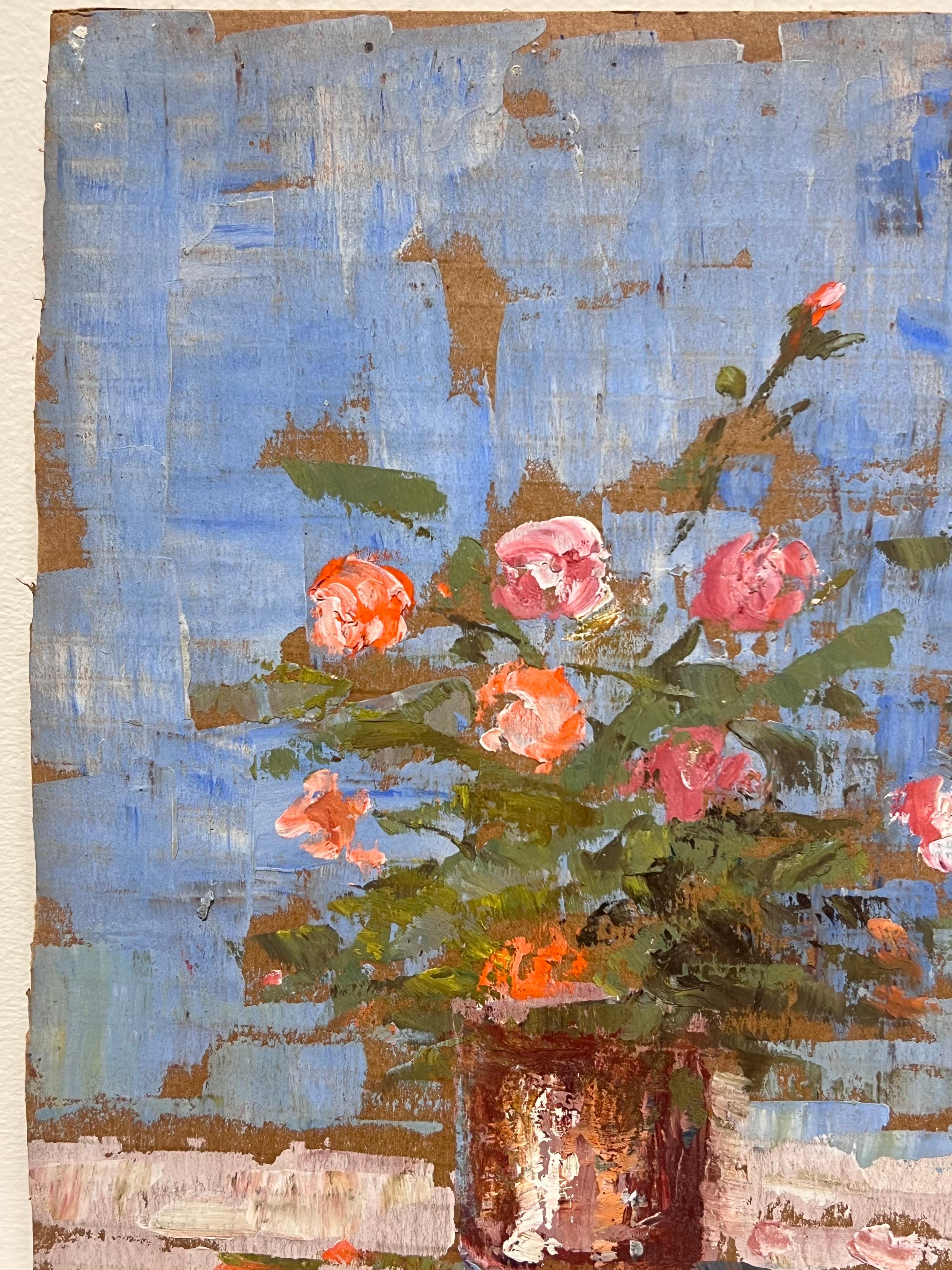 French Impressionist Still Life of Pink Roses in a Rustic Vase in Blue Interior For Sale 1