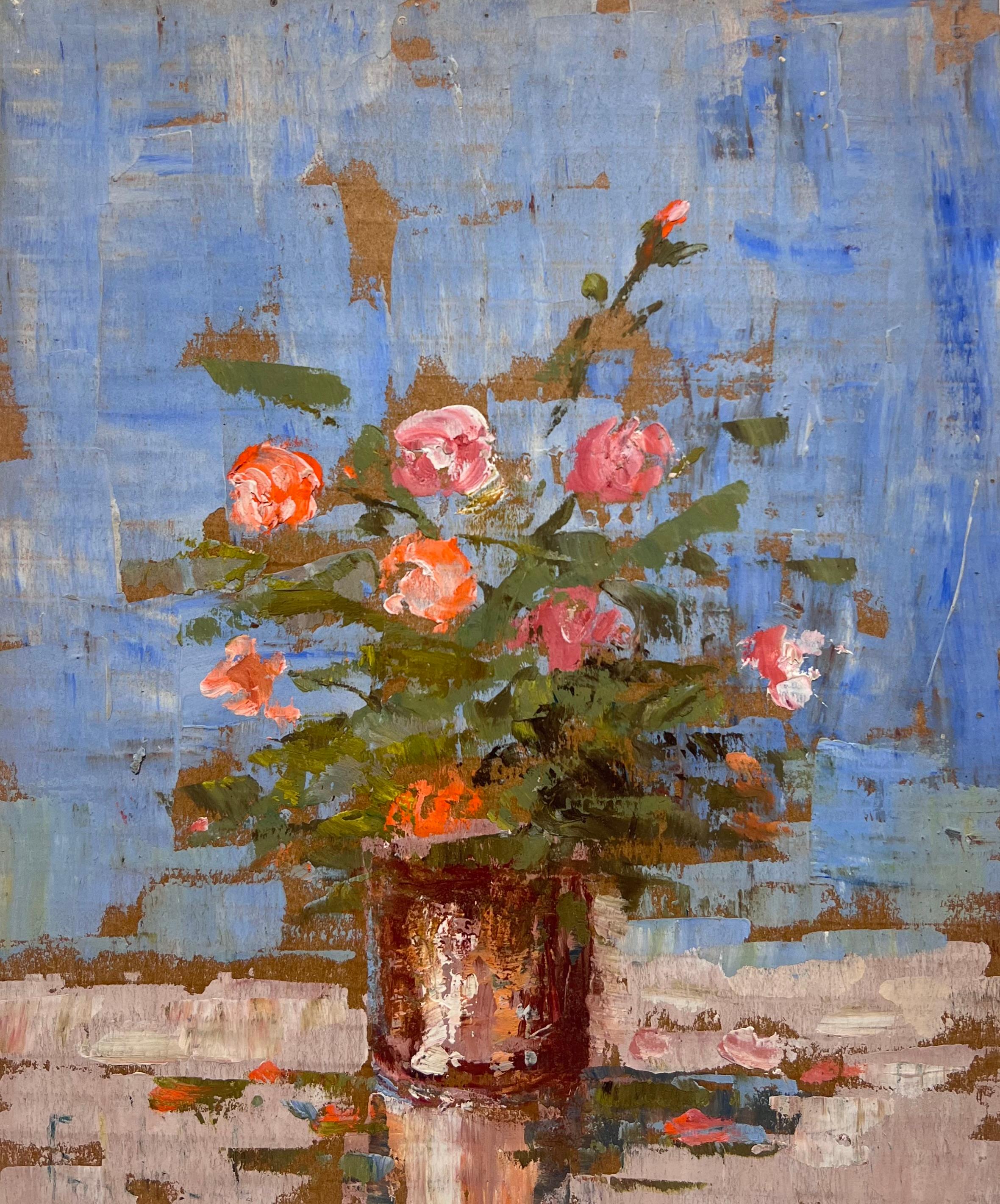 Fanch Lel Still-Life Painting - French Impressionist Still Life of Pink Roses in a Rustic Vase in Blue Interior