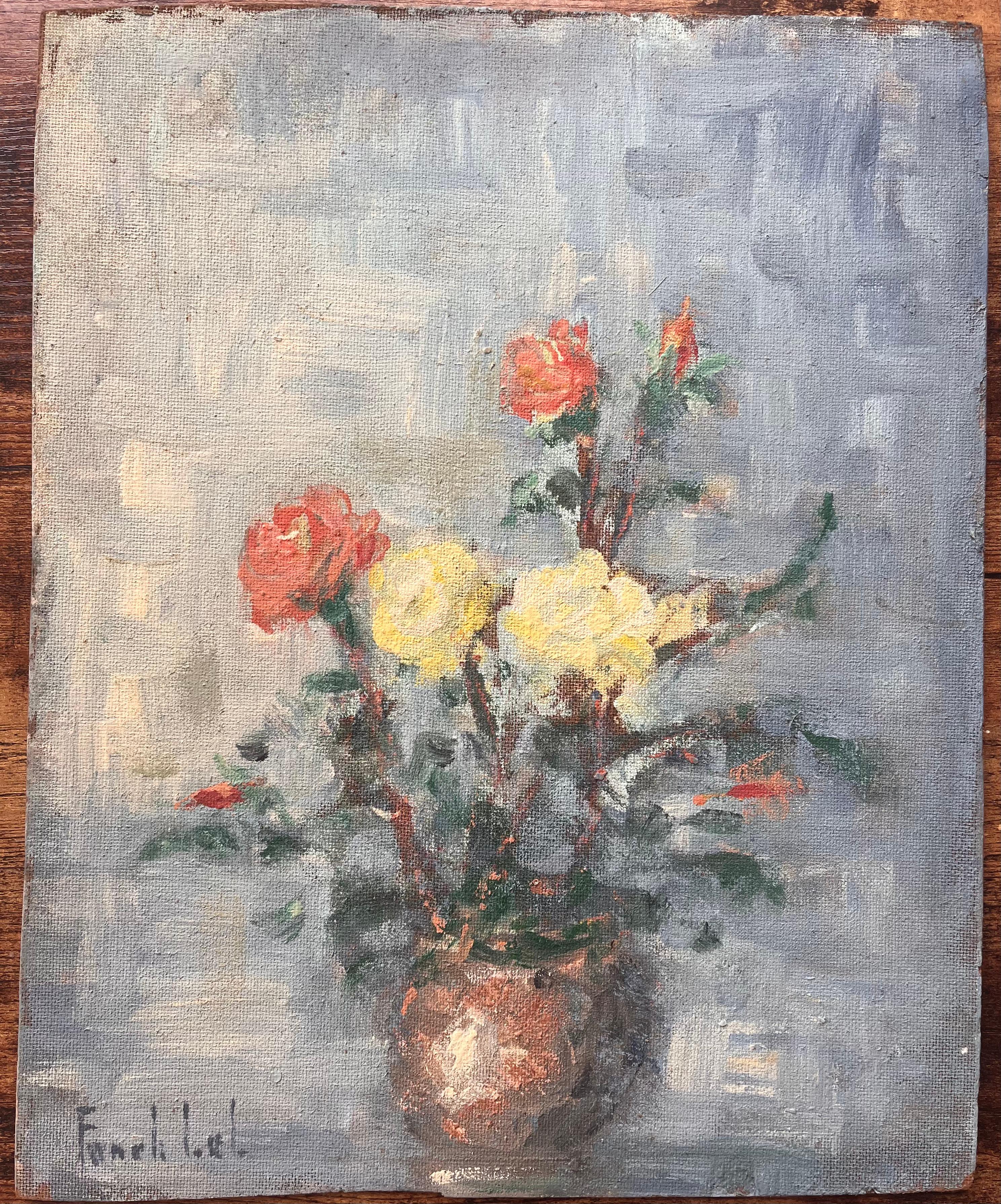 Französisches impressionistisches Stillleben mit gelben und roten Rosen in Kupfervase – Painting von Fanch Lel